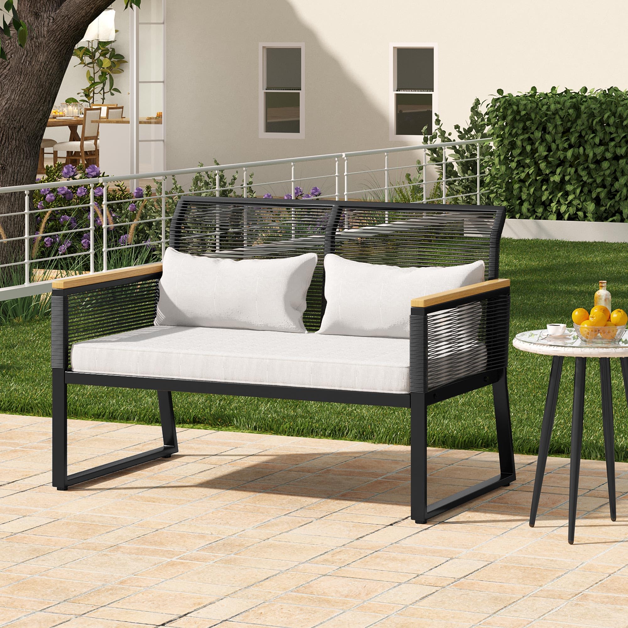 YITAHOME All-Weather Wicker Patio Loveseat with Wooden Armrest & Soft Cushion - Outdoor Furniture for Backyard, Balcony, Deck - Perfect for Relaxing, Entertaining & Lounging (Black)