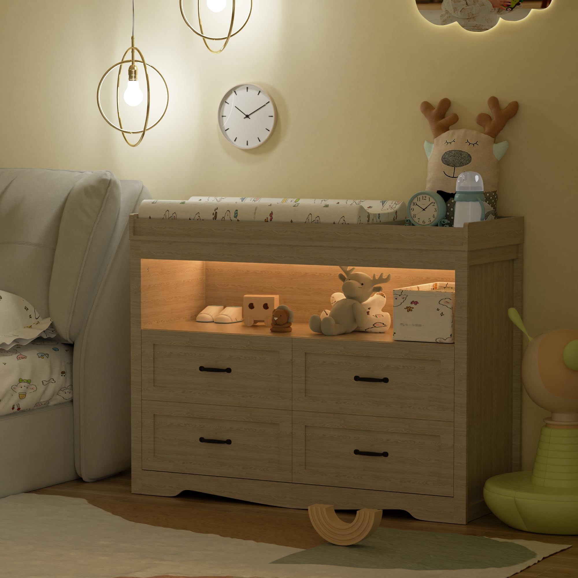 4-Drawer Baby Dresser with Changing Table Top & LED Light - Nursery Organizer with Open Storage, Diaper Changing Station - Perfect for Baby Rooms & Daycare Centers (Beige)