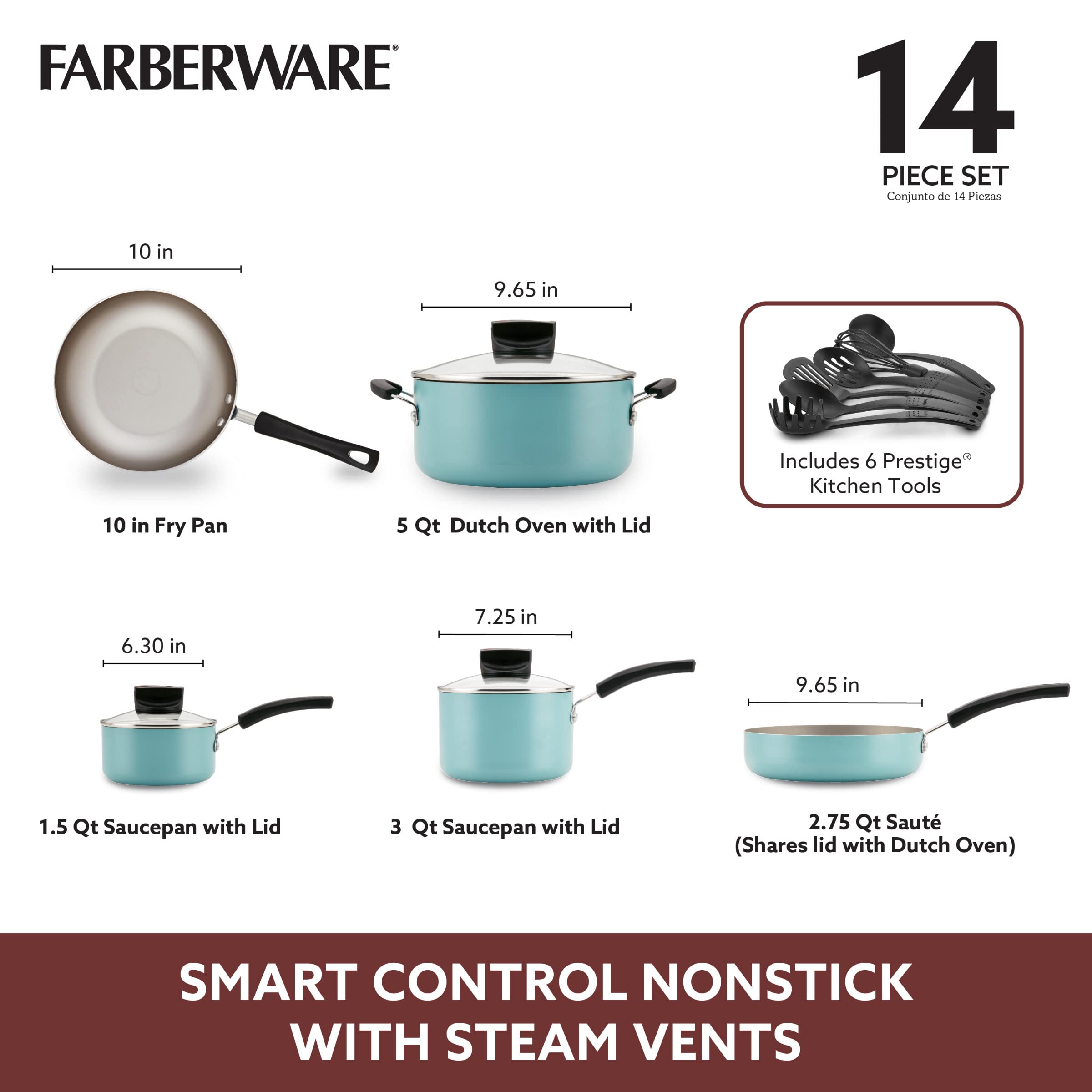 Farberware Smart Control Nonstick Cookware Set - 14-Piece Aqua Pots and Pans for Induction Cooking | Perfect for Family Dinners, Meal Prep & Professional Chefs