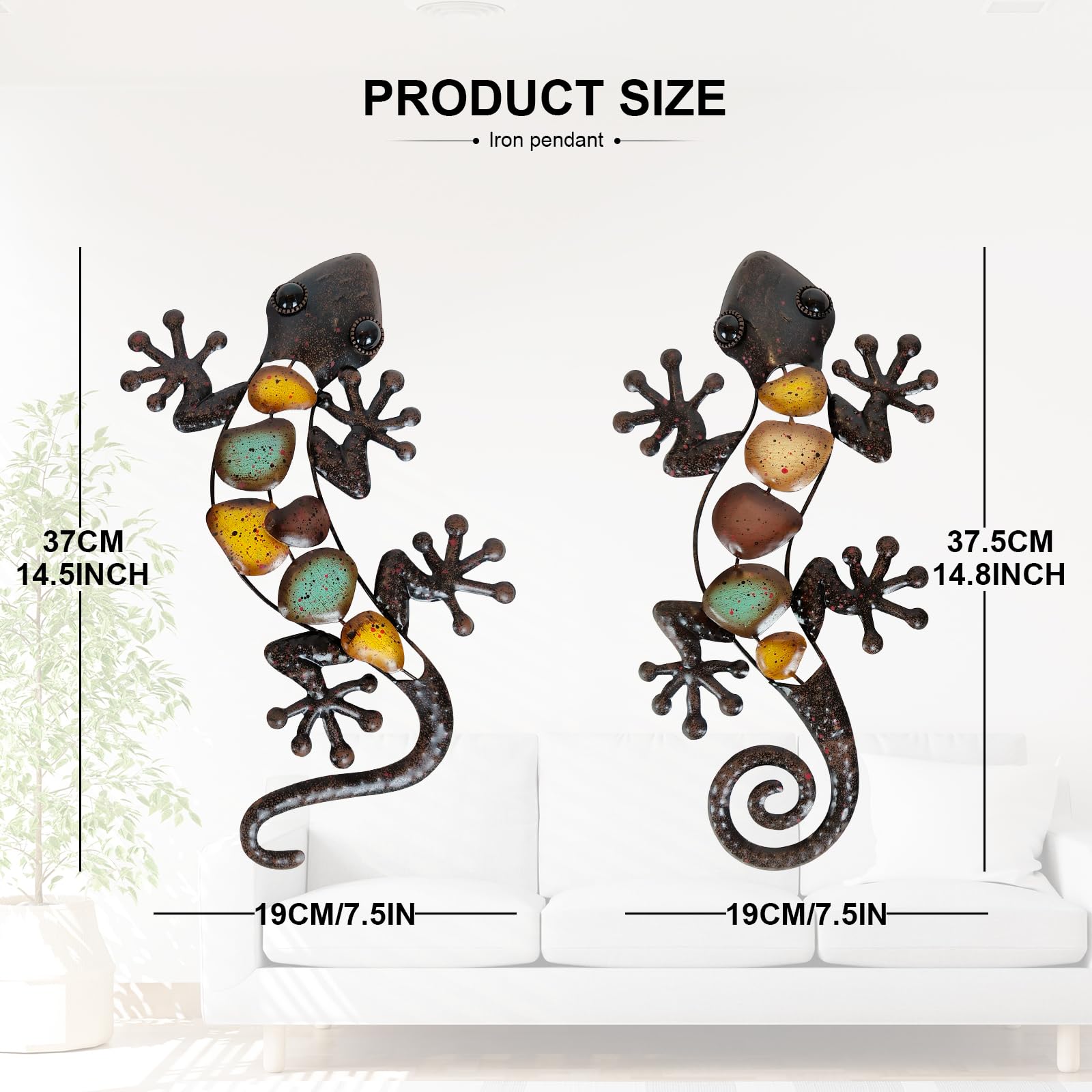 LIFFY Large 2-Pack Metal Gecko Wall Decor - 15 Inch Outdoor Lizard Wall Art for Home, Garden, Yard & Fence - Durable Weather-Resistant Lizard Sculptures for Patio Decor & Backyard Landscaping