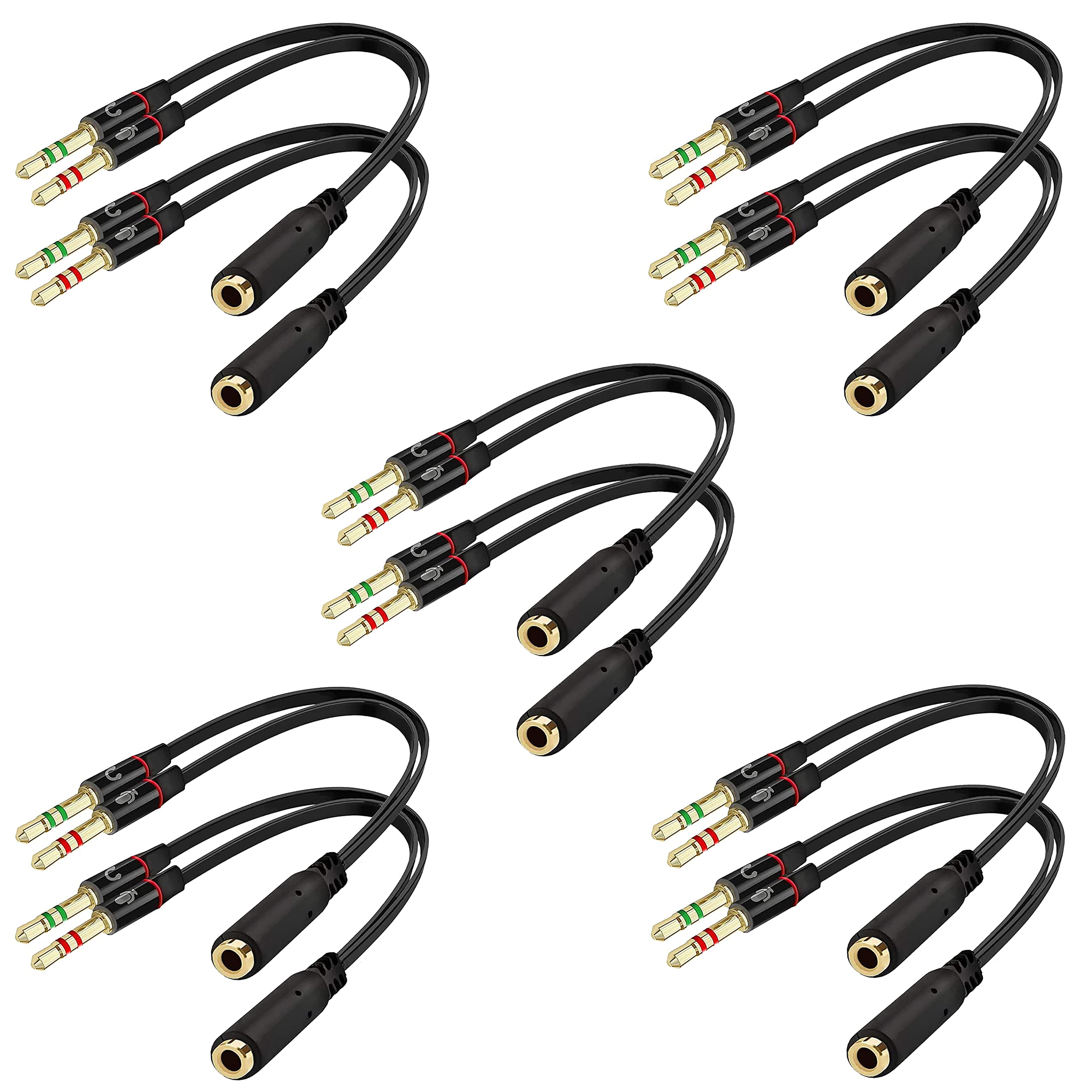 SaiTech IT 10 Pack Gold Plated 3.5mm Headphone Splitter Cable - 2 Male to 1 Female Audio Y Adapter for Computer, Smartphone, PC, Laptop - High Quality 20cm Black Headphone Mic Splitter - Perfect for Gaming, Streaming & Conference Calls
