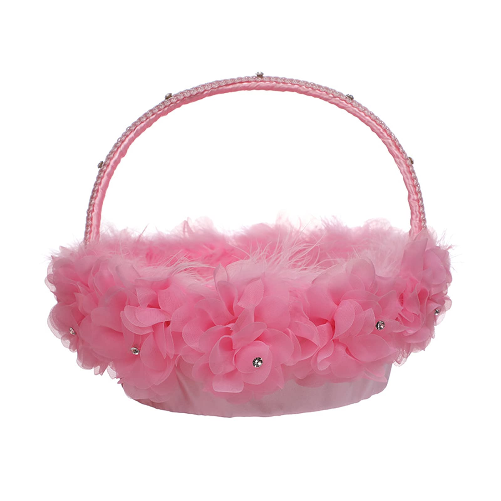 LEMCC Pink Flower Girl Basket with Handles - Wedding Feather Basket for Candy, Eggs & Decorations - Perfect for Wedding Ceremonies, Bridal Showers & Party Decor