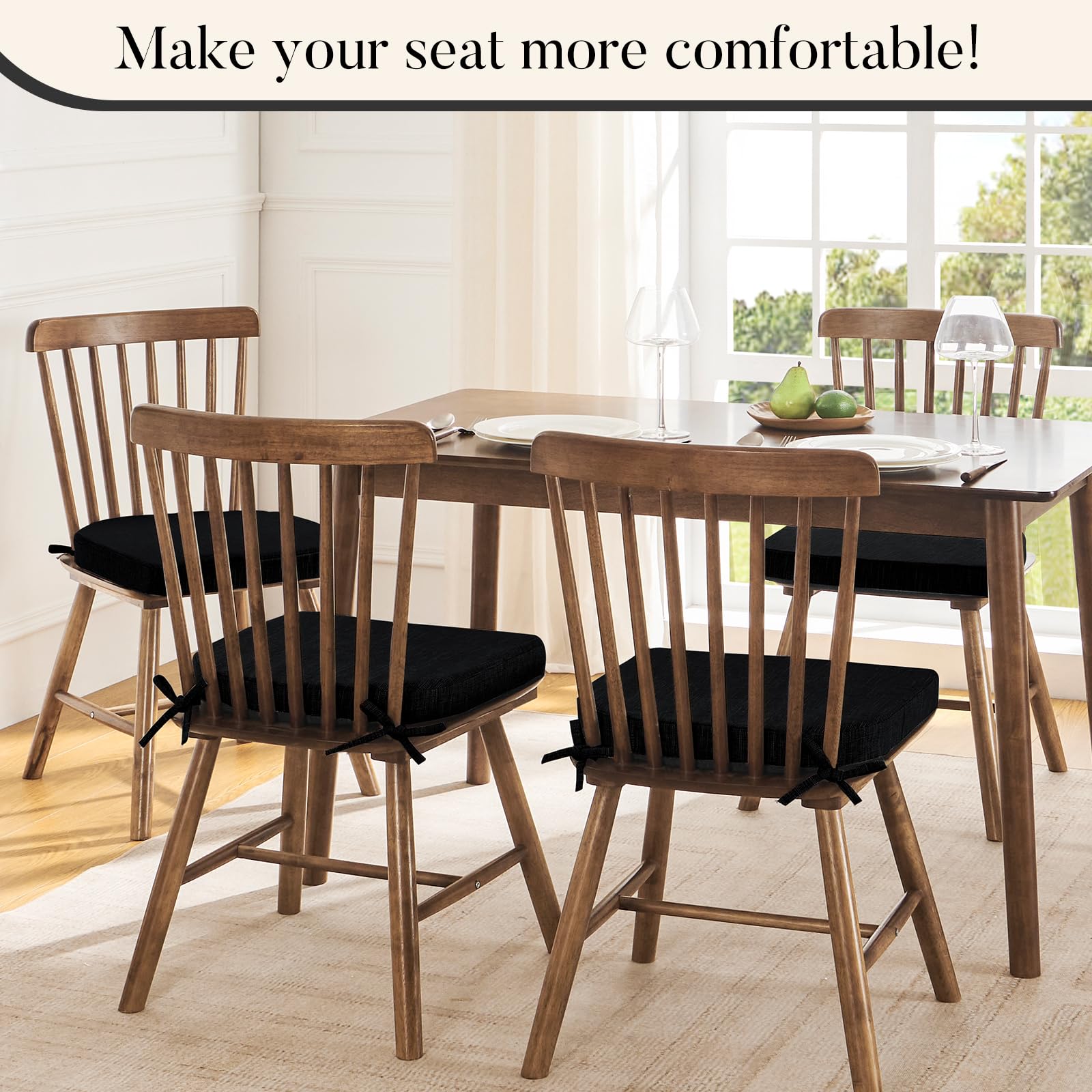 6 Pack Non-Slip Dining Chair Cushions with Ties - 16x16 Inch Kitchen Chair Pads for Comfortable Seating - Perfect for Dining Room, Kitchen, Office & Outdoor Use (Black)