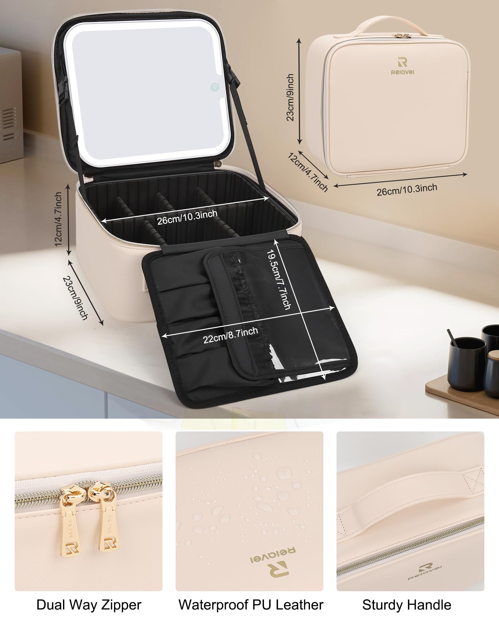 Relavel LED Makeup Bag with Lighted Mirror - Rechargeable Travel Cosmetic Organizer Case with 3-Color Lighting, Brush Storage & Protective Frame (Beige) | Perfect for Travel, Home Vanity & Gift Giving