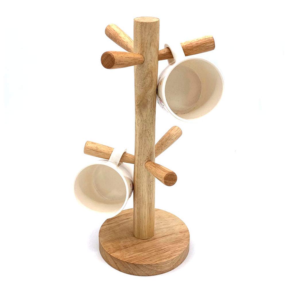 MAOSUO 6-Hook Wooden Mug Tree Holder - Wall Mount & Tabletop Cup Rack for Tea, Coffee Mugs - Space Saving Kitchen Organizer for Home, Office, Cafe Use