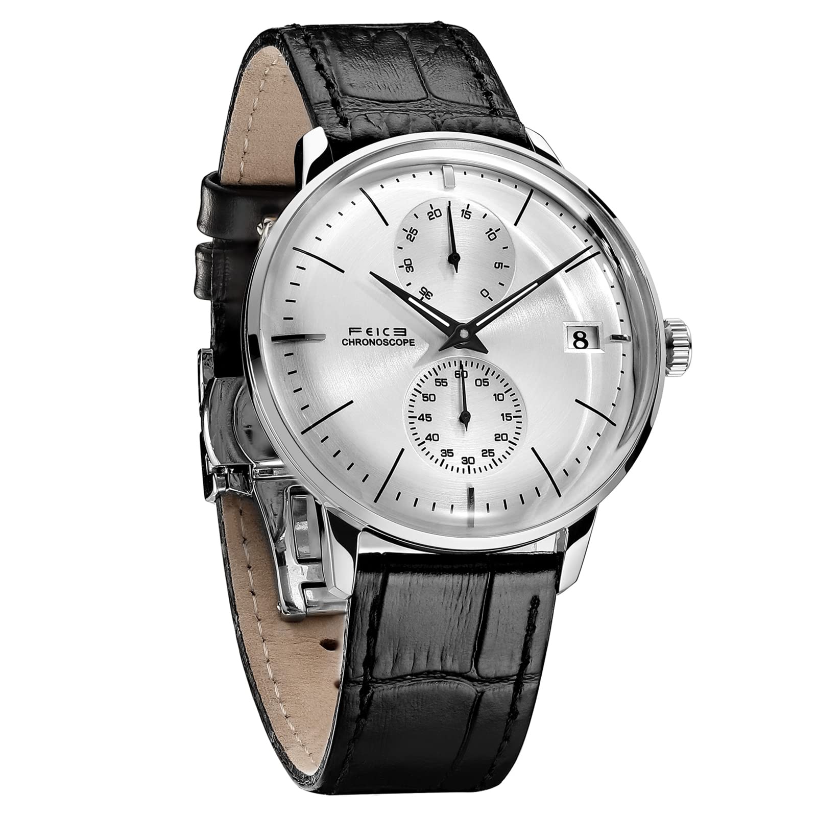 FEICE Men's Automatic Mechanical Watch - Stainless Steel Case with Genuine Leather Band, Brushed Finish & Curved Mirror - Dress & Casual Analog Watch for Men (FM212) - Perfect for Business, Formal Events & Everyday Wear
