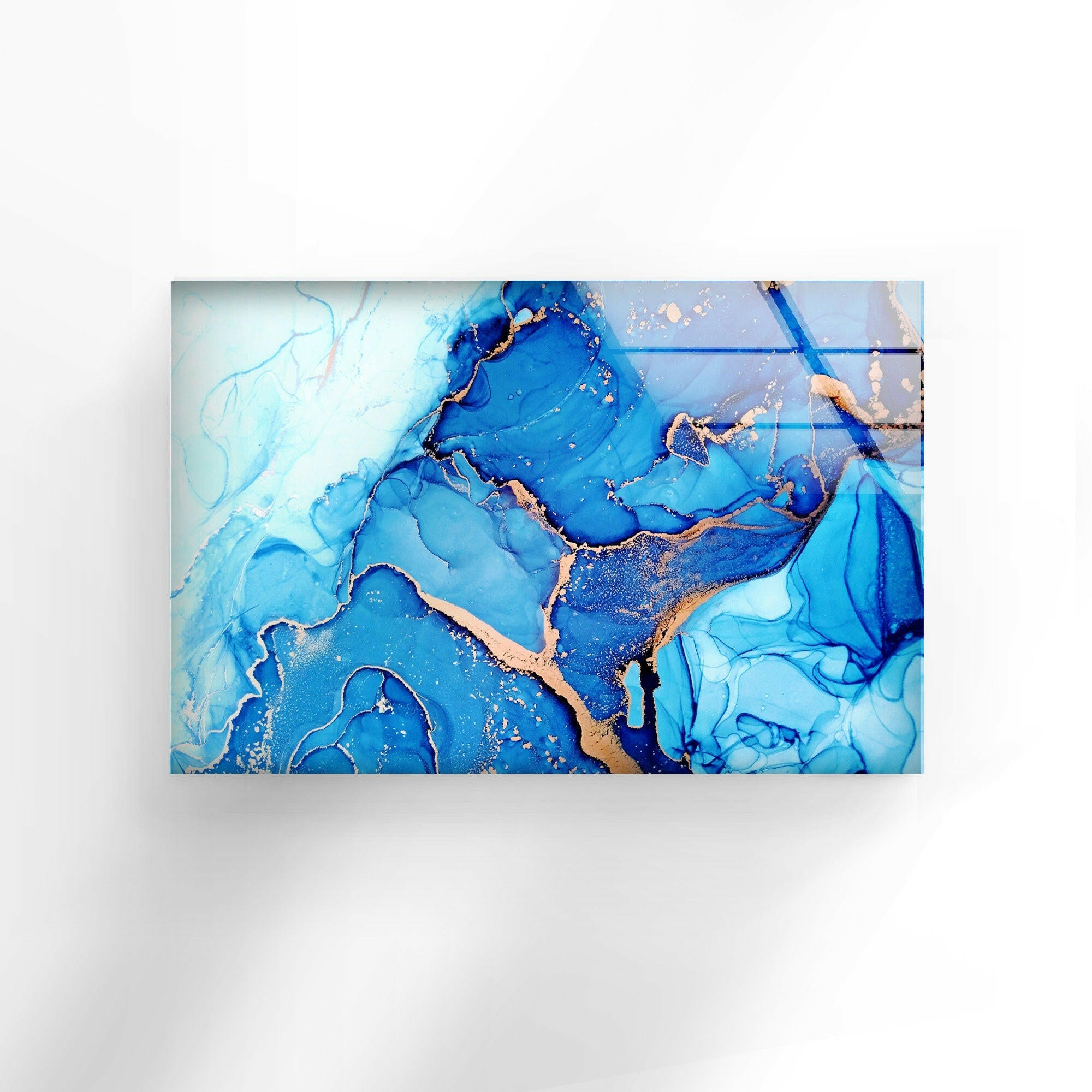 Blue Abstract Liquid Ink Art Glass Wall Decor - Modern Home & Office Decoration for Living Room, Bedroom, or Workspace