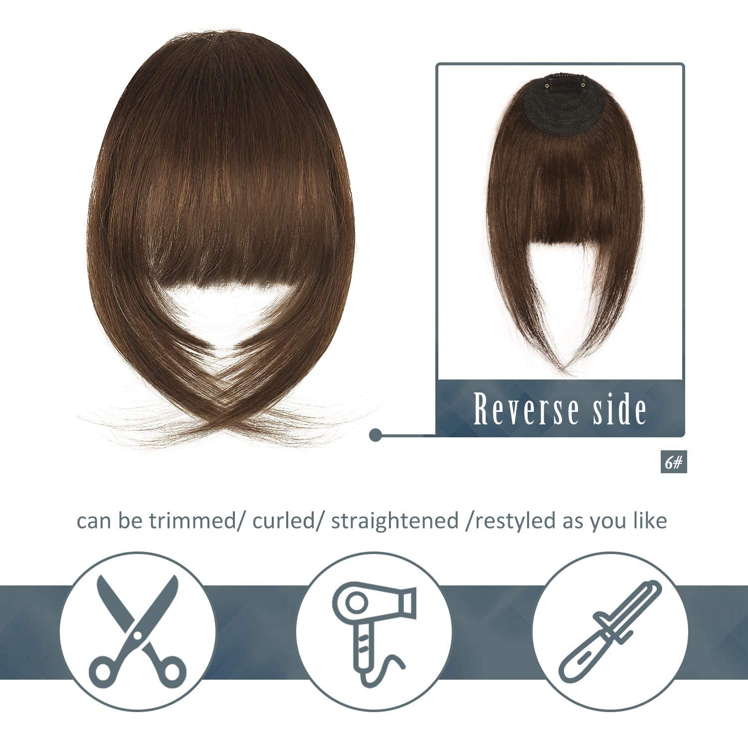 BARSDAR 100% Real Human Hair Clip-in Fringe Extensions - French Bangs with Temple Clips | Natural Color 6# | Washable & Dye-able Hair Pieces for Women | Perfect for Daily Wear, Parties & Cosplay