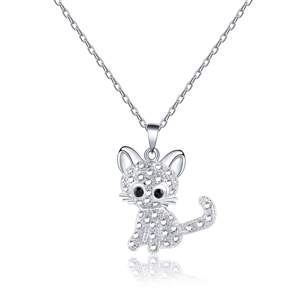 VU100 Sterling Silver Cat Necklace for Women - Elegant Kitty Pendant with Shiny White Crystals, Perfect Cat Lover Gift for Mom, Daughter, Granddaughter & Friends | Birthday, Anniversary, Christmas Present | Ideal for Everyday Wear, Special Occasions & Cat-Themed Parties