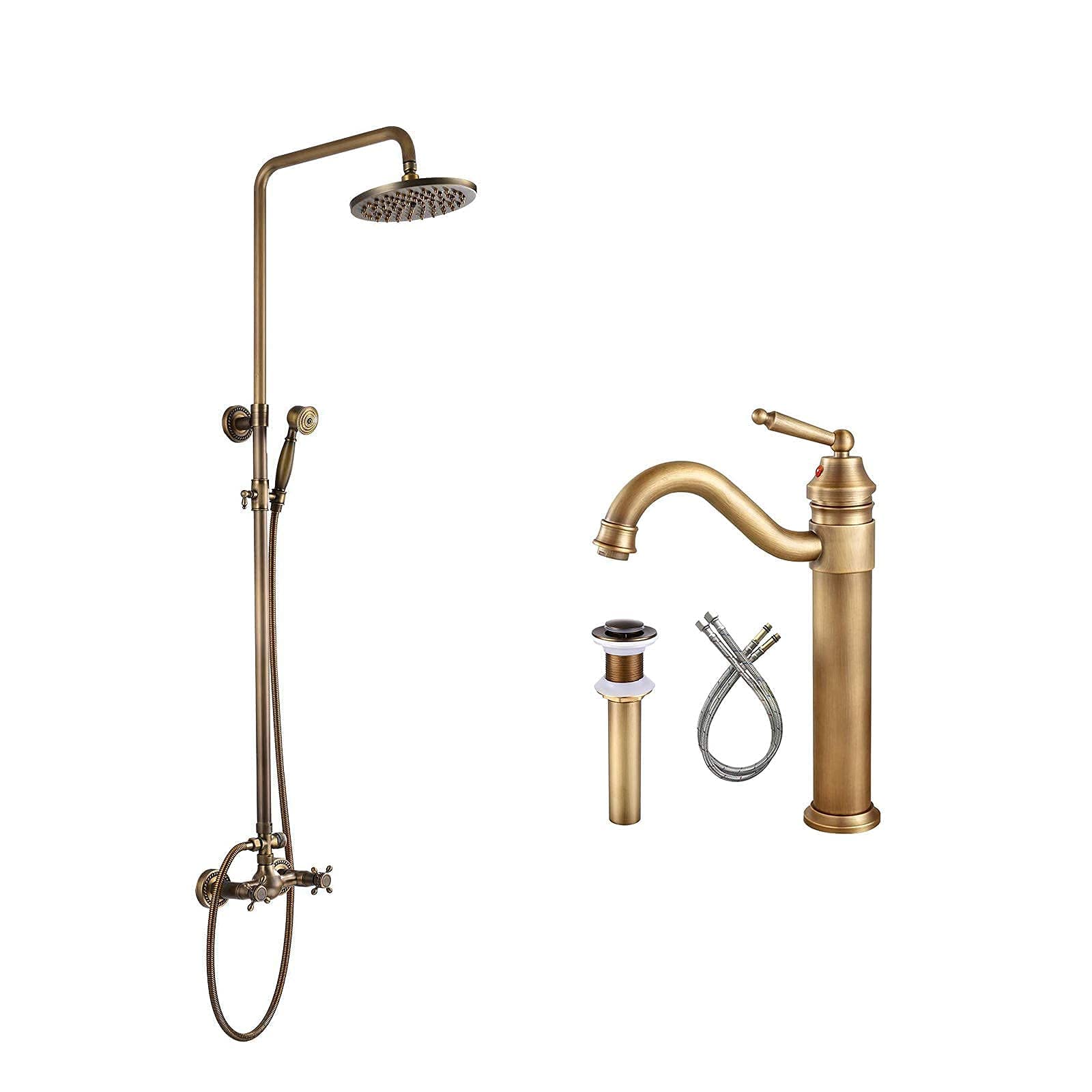 Gotonovo Antique Brass Shower Faucet Set - 8 Inch Rainfall Shower Head with Matching Single Handle Bathroom Sink Faucet - Deck Mount Single Hole Vessel Sink Faucet - Perfect for Vintage Style Bathroom Renovations and Modern Home Upgrades