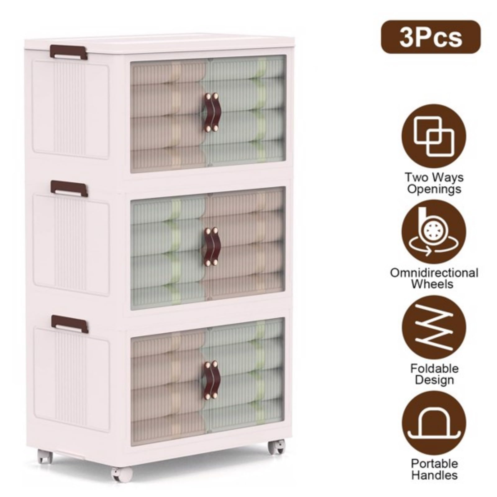 3 Pack Foldable Storage Boxes with Lids - Stackable Closet Organizer Bins for Home & Office - Magnetic Front Door & 360° Rotating Wheels - Perfect for Bedroom, Closet, Kids Toy Storage & Underbed Organization