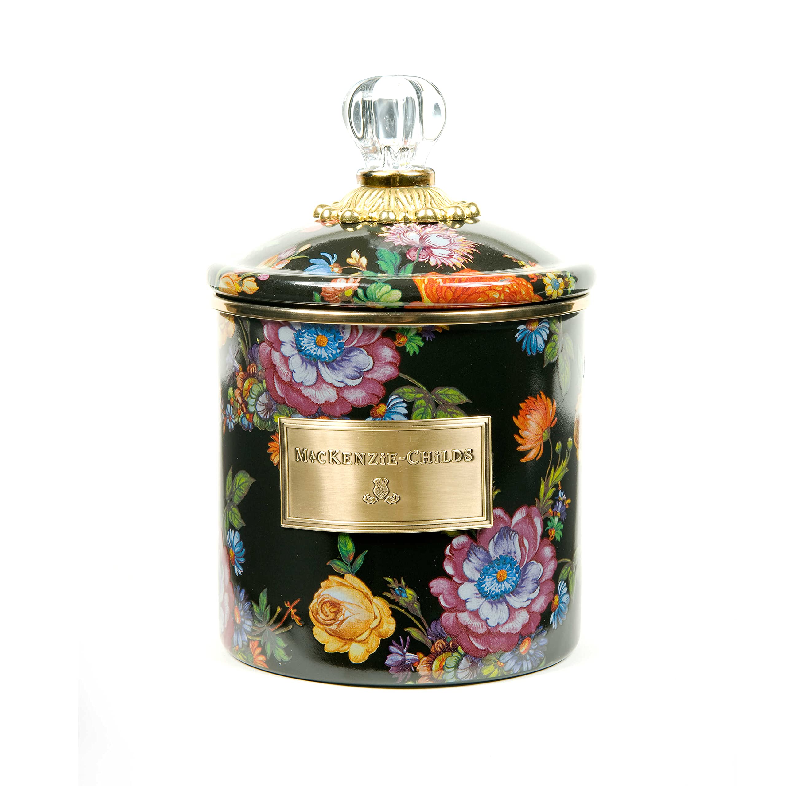 MacKenzie-Childs Floral Kitchen Canister Set - Airtight Sugar, Coffee & Flour Storage Container with Lid - Small Black Decorative Canister for Pantry Organization & Farmhouse Style Kitchen Decor