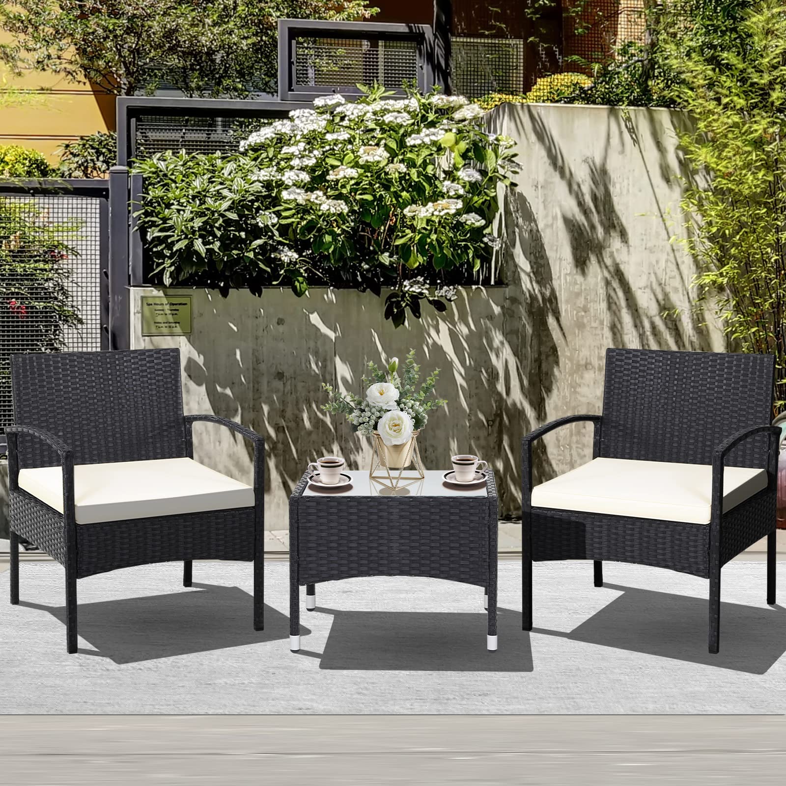 RELAX4LIFE 3-Piece Outdoor Patio Furniture Set - Beige Rattan Wicker Bistro Set with 2 Chairs & Glass Coffee Table, Durable Steel Frame for Garden, Balcony, Porch | Perfect for Backyard Relaxation & Entertaining Guests