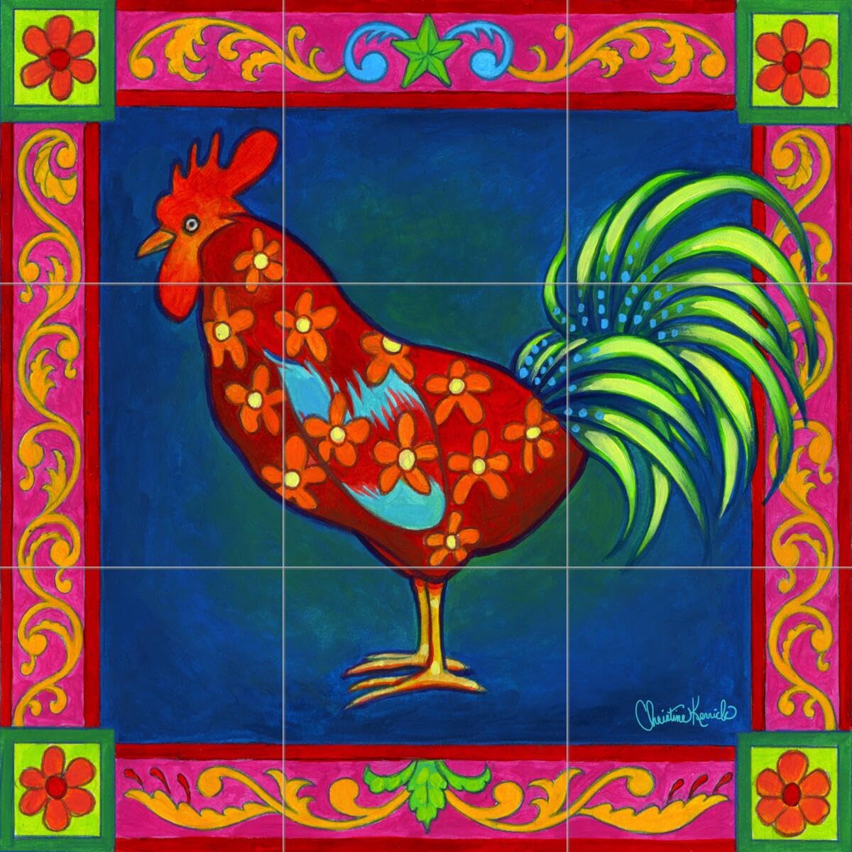 Hand-Painted Ceramic Rooster Mural Tile Backsplash for Kitchen & Bathroom - Mosaic Chicken Design by Christine Kerrick - Perfect for Farmhouse & Rustic Home Decor