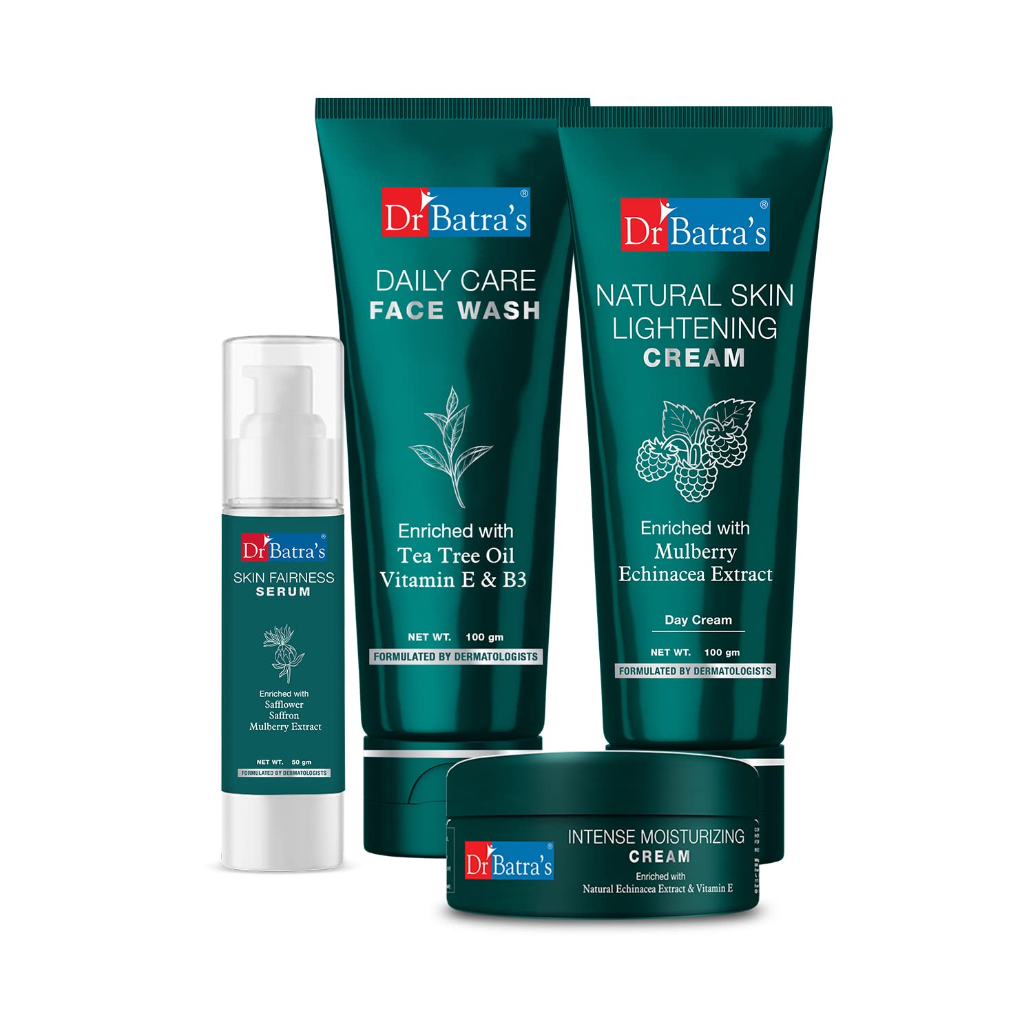 Dr. Batra's Skin Care Combo Pack - Fairness Serum 50g, Daily Face Wash 100g, Natural Lightening Cream 100g & Moisturizing Cream 100g | Brightening, Cleansing & Hydrating Skincare Routine for Glowing Skin