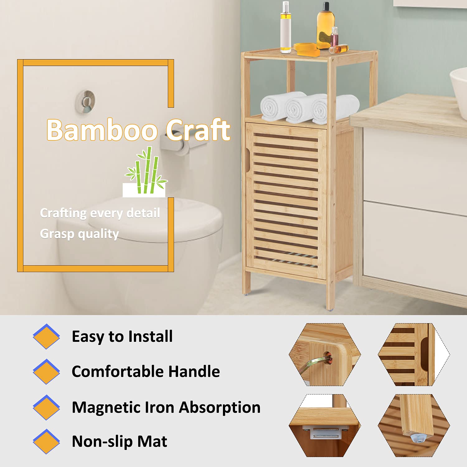 2-Tier Bamboo Bathroom Storage Cabinet with Doors & Open Shelves - Freestanding Multifunctional Organizer for Kitchen, Bathroom & Living Room - Natural Eco-Friendly Wooden Cupboard for Home Decor & Clutter Control