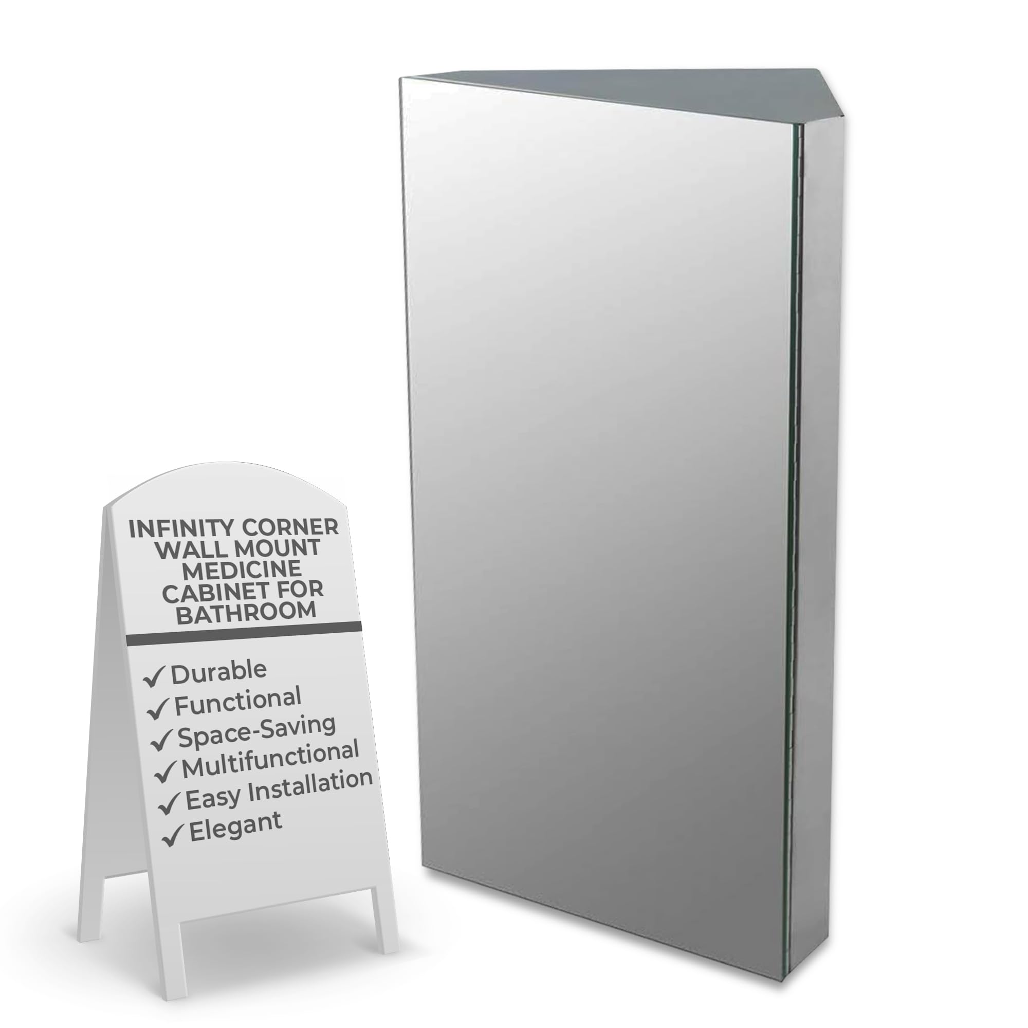 Renovators Supply Infinity Corner Medicine Cabinet with Mirror - Triple Shelf Storage, Modern Wall Mount Bathroom Cabinet - 23.6 Inch Left Open Brushed Stainless Steel (Pack of 1) - Perfect for Small Bathrooms, Vanities & Space-Saving Storage Solutions