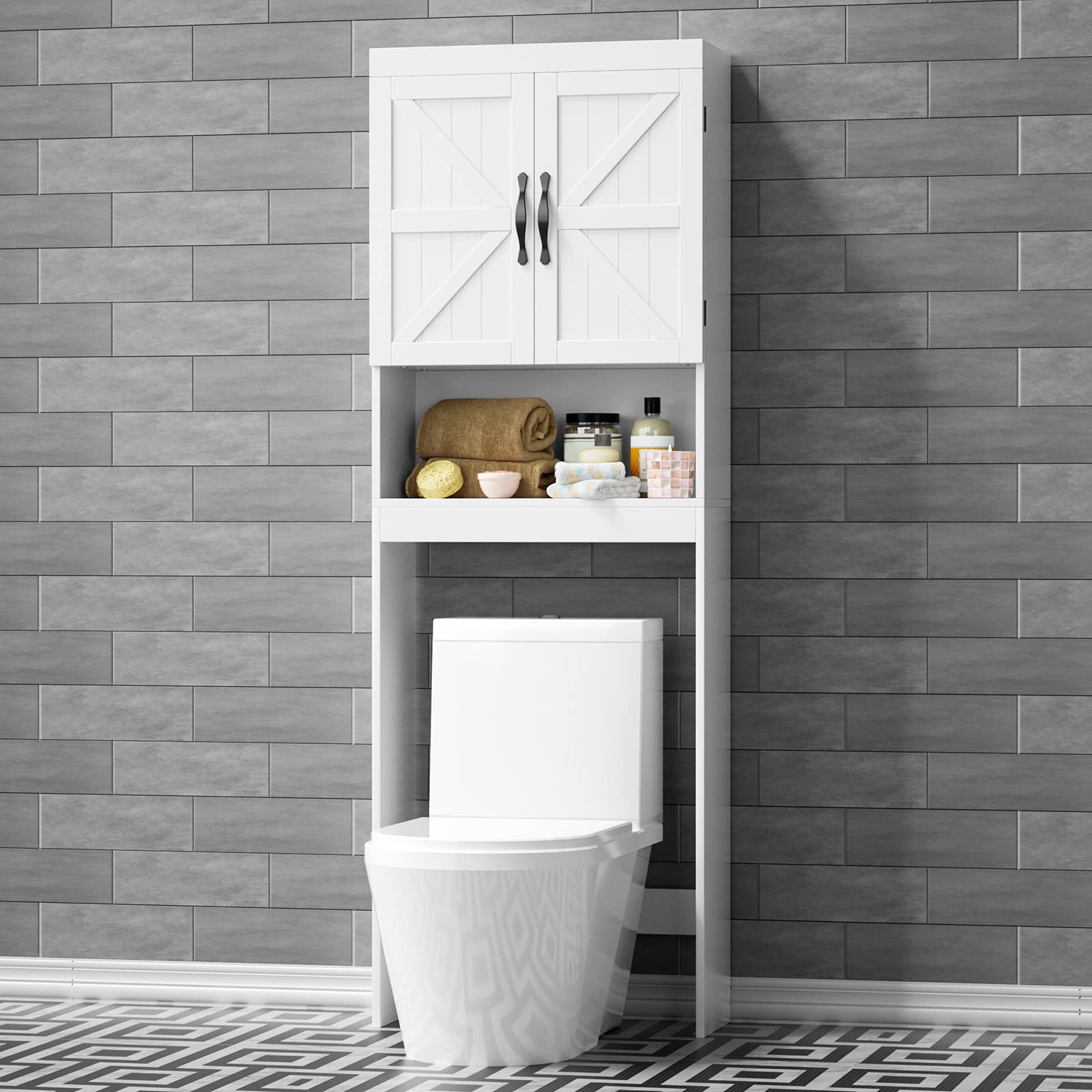 SRIWATANA Over The Toilet Storage Cabinet - White Bathroom Space Saver with Adjustable Shelves, 2-Door Organizer for Toilet Paper & Bath Essentials - Perfect for Small Bathrooms & Apartment Living