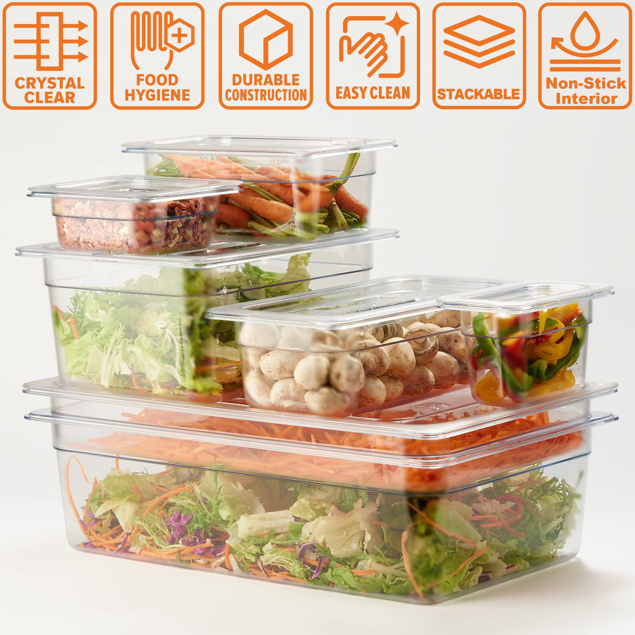 6 Pack NSF Certified Food Pans - 4 Inch Deep Full Size Clear Polycarbonate Plastic Containers - Freezer Safe & Commercial Grade for Restaurant, Catering & Bulk Food Storage