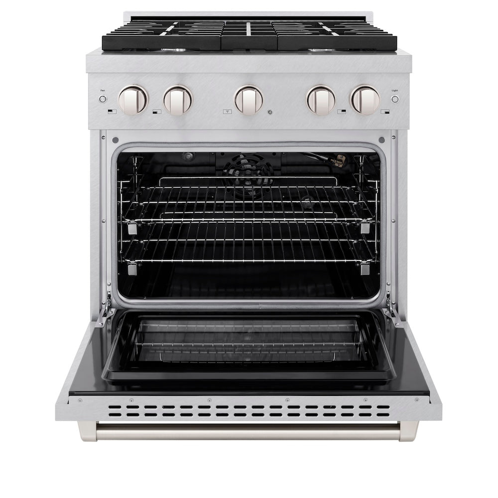 ZLINE 30-inch 4.2 cu. ft. Paramount Gas Range with 4 Burner Cooktop & Convection Gas Oven - Satin Stainless Steel (SGRS 30) | Professional Kitchen Appliance for Home Chefs & Cooking Enthusiasts