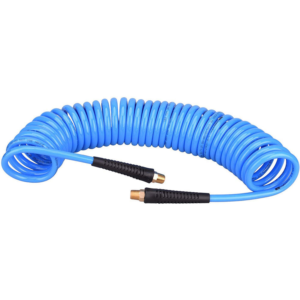 Amflo 2425E 1/4 Inch x 25 Feet Polyurethane Recoil Air Hose with Pigtails - Lightweight & Flexible for Air Tools, Pneumatic Systems, and Workshop Use