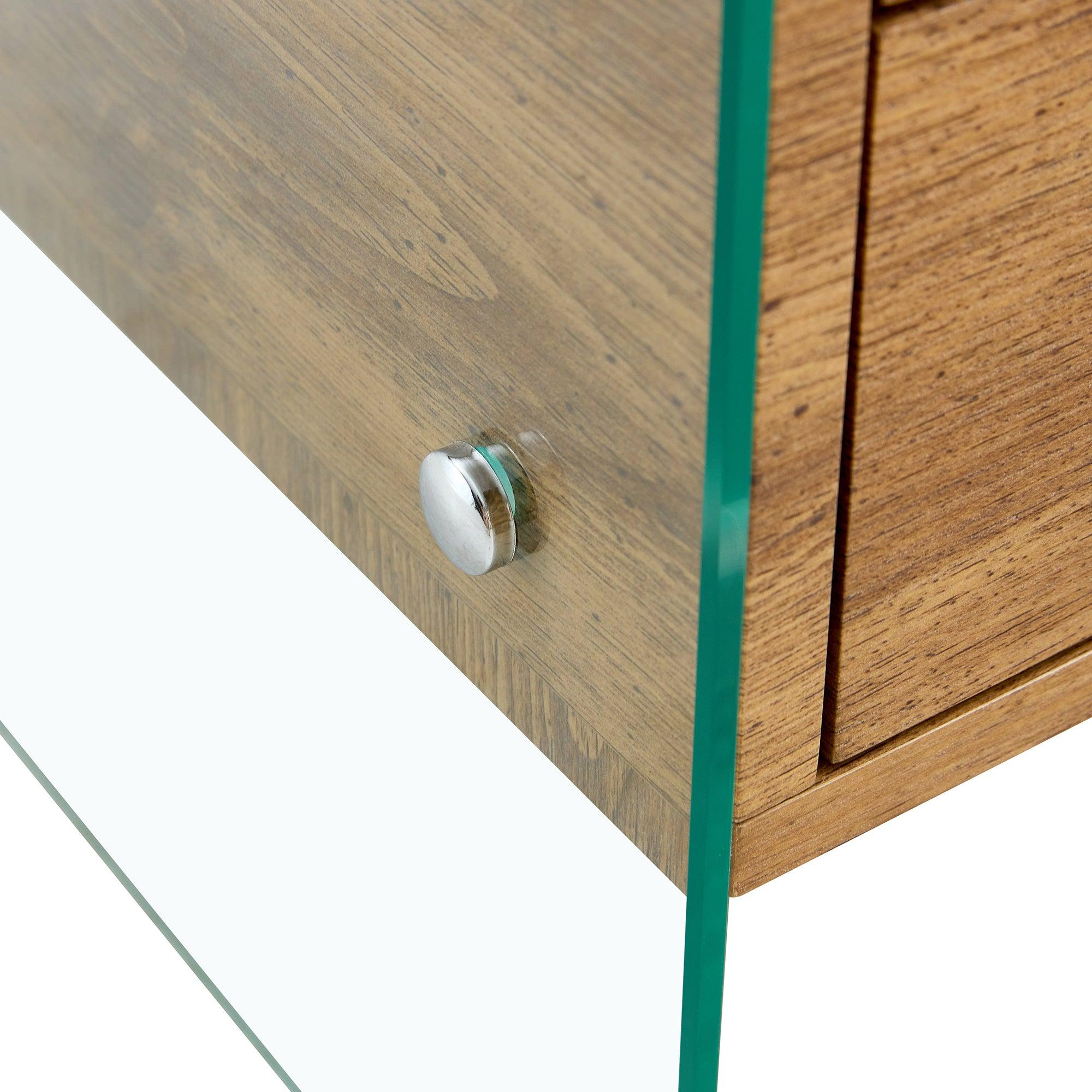 Modern Double Drawer Bedside Table with MDF Sticker Surface & Tempered Glass Sides - Elegant Design & Spacious Storage for Bedroom, Living Room, or Office
