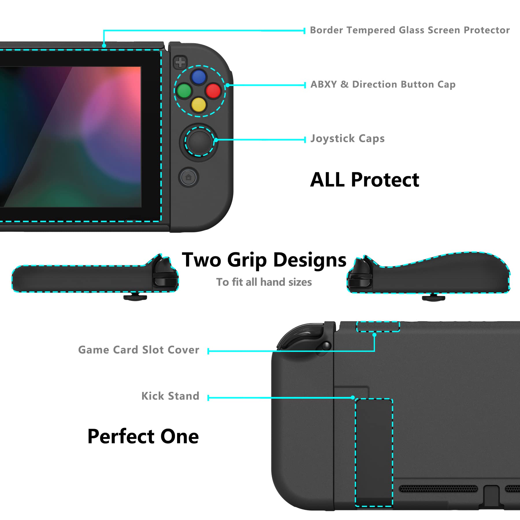 PlayVital Protective Case for Nintendo Switch with Screen Protector & AlterGrips Buttons - Black | Durable Cover for Travel, Gaming at Home, and On-the-Go Protection