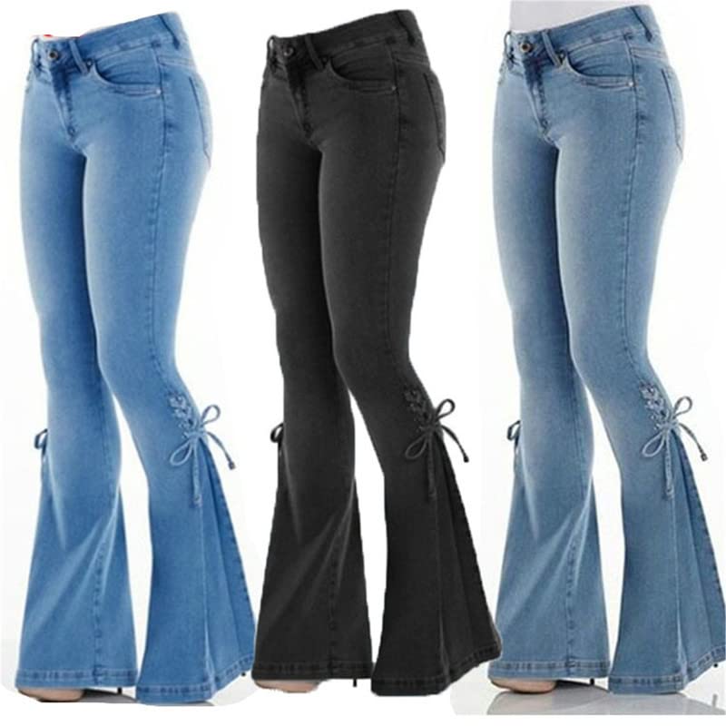 Andongnywell Women's Lace-Up Flare Bell Bottom Jeans - Mid Waist Wide Leg Bootcut Denim Pants with Pockets | Casual Wear, Retro Style, 70s Fashion Outfit