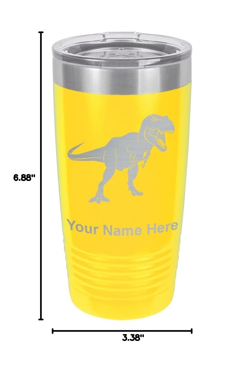 LaserGram 20oz Vacuum Insulated Stainless Steel Tumbler Mug with Dinosaur Design - Custom Engraved Tyrannosaurus Rex T-Rex Cup, Leakproof & Double Wall Insulation for Hot/Cold Drinks - Perfect for Office, Gym, Hiking & Outdoor Activities (Yellow)