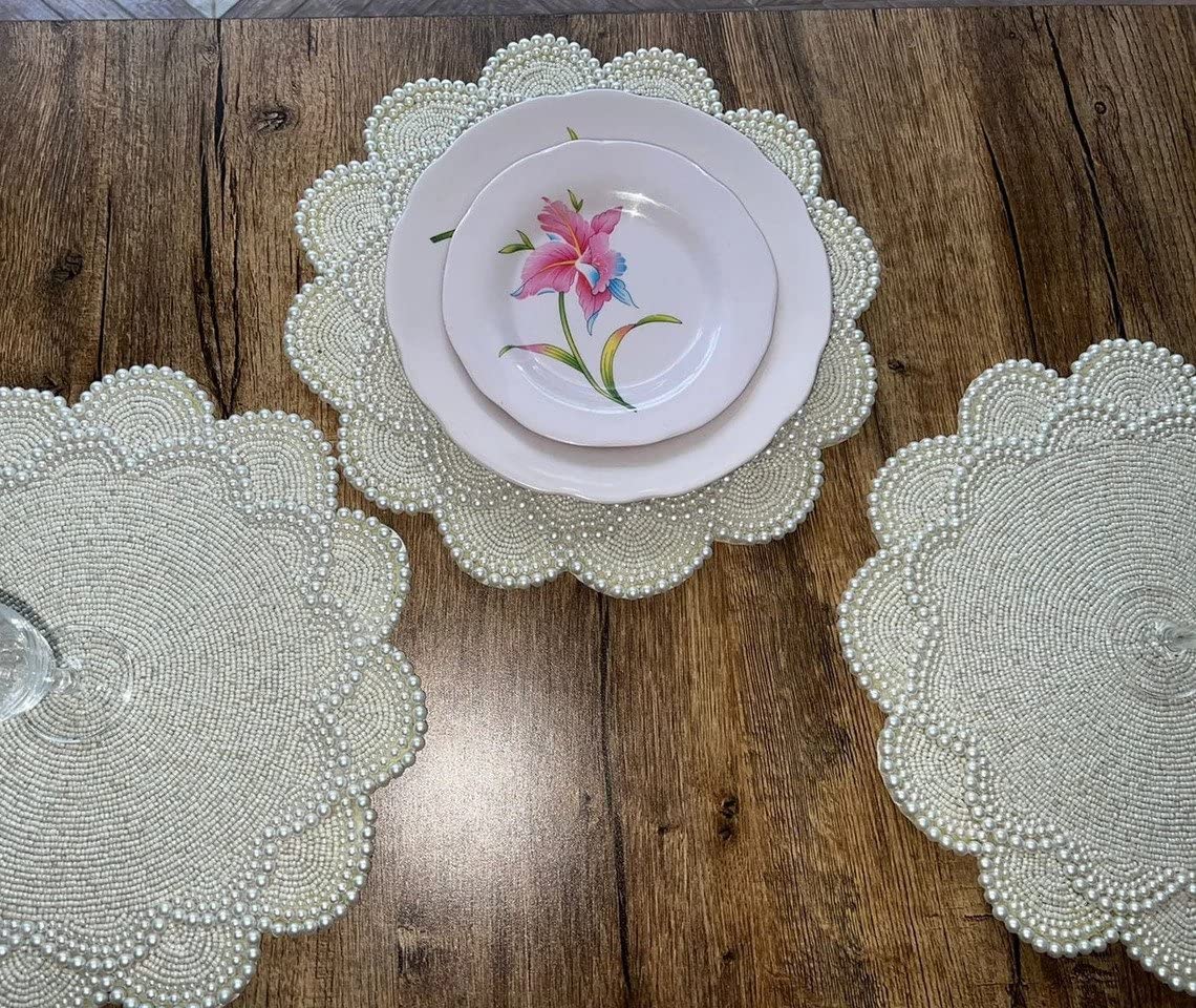 HM Creations Handmade White Pearls & Beads Luxury Table Runner - 13x36 Inch Wedding Table Topper (Set of 6 Placemats) for Bridal Showers, Anniversary Dinners & Formal Dining Decor