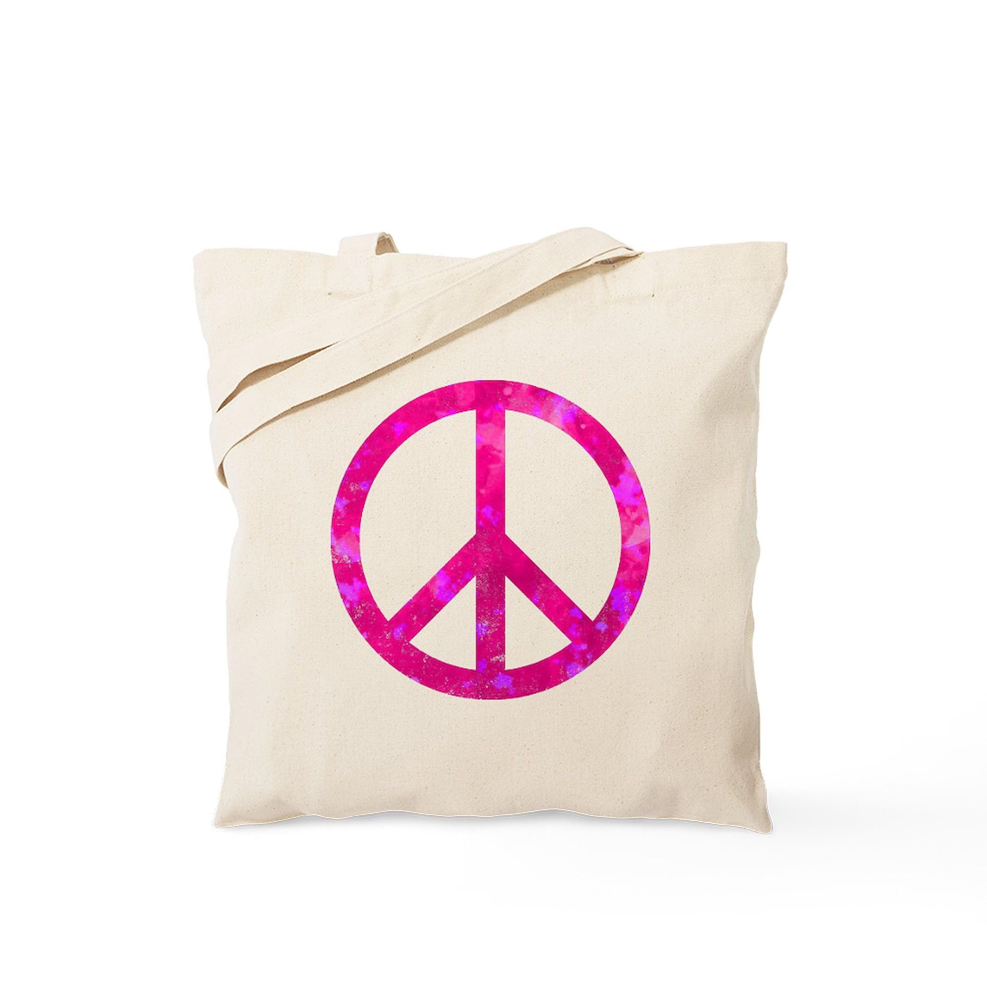Distressed Pink Peace Sign Tote Bag - Natural Canvas Reusable Shopping Bag for Women | Eco-Friendly Grocery Tote, Beach Bag & Everyday Carry