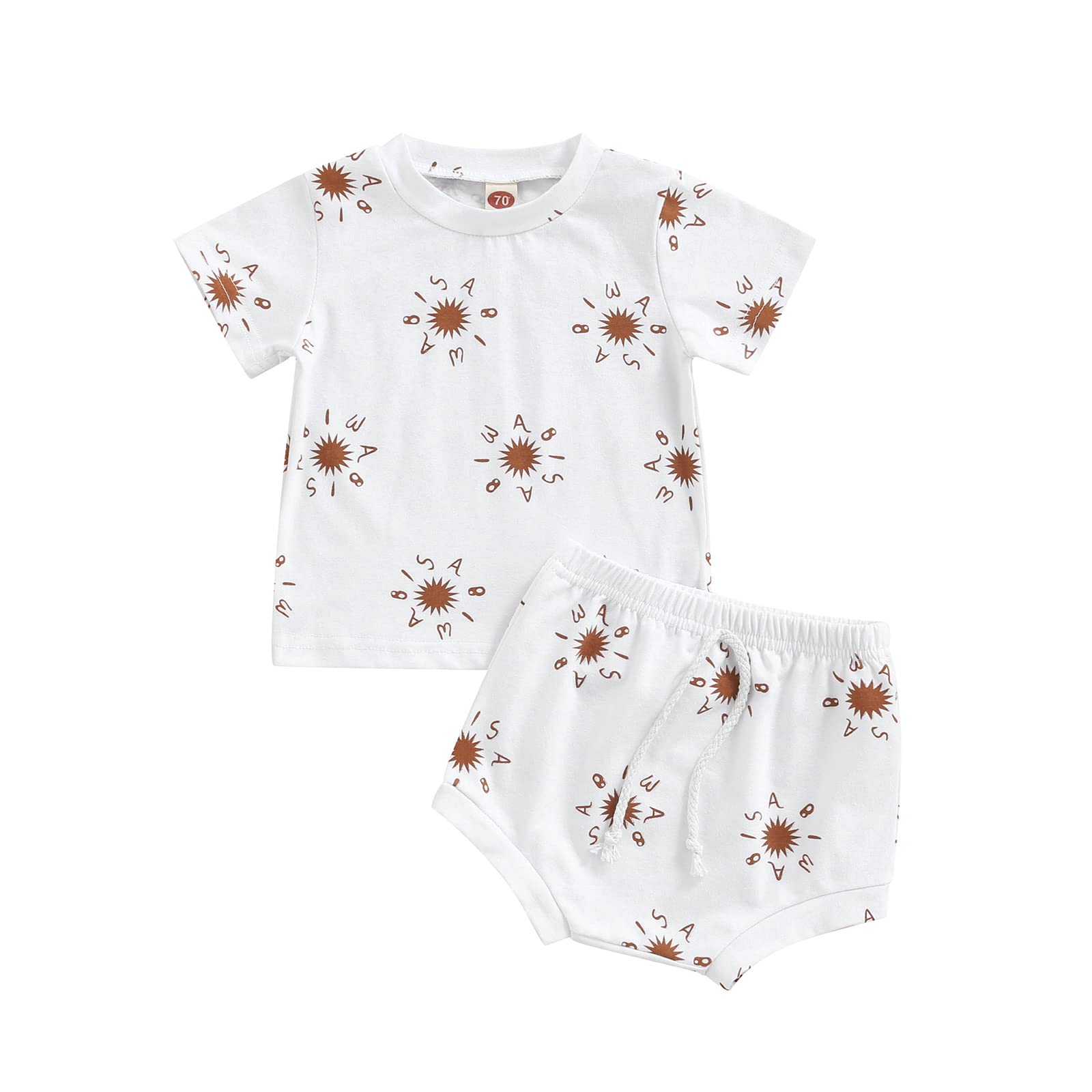 2Pcs Baby Boy Girl Summer Outfits - Sun Print Short Sleeve T-Shirt & Drawstring Shorts Set | Newborn Casual Wear for Playtime & Outdoor Activities