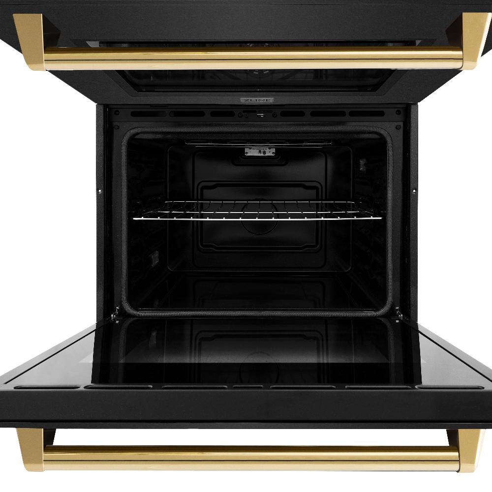 ZLINE Autograph Edition 30 Inch Black Stainless Steel Double Wall Oven with Air Fry & Self Clean - Professional True Convection Oven with Polished Gold Handles (WADBZ 30 G) - Perfect for Home Chefs & Modern Kitchens