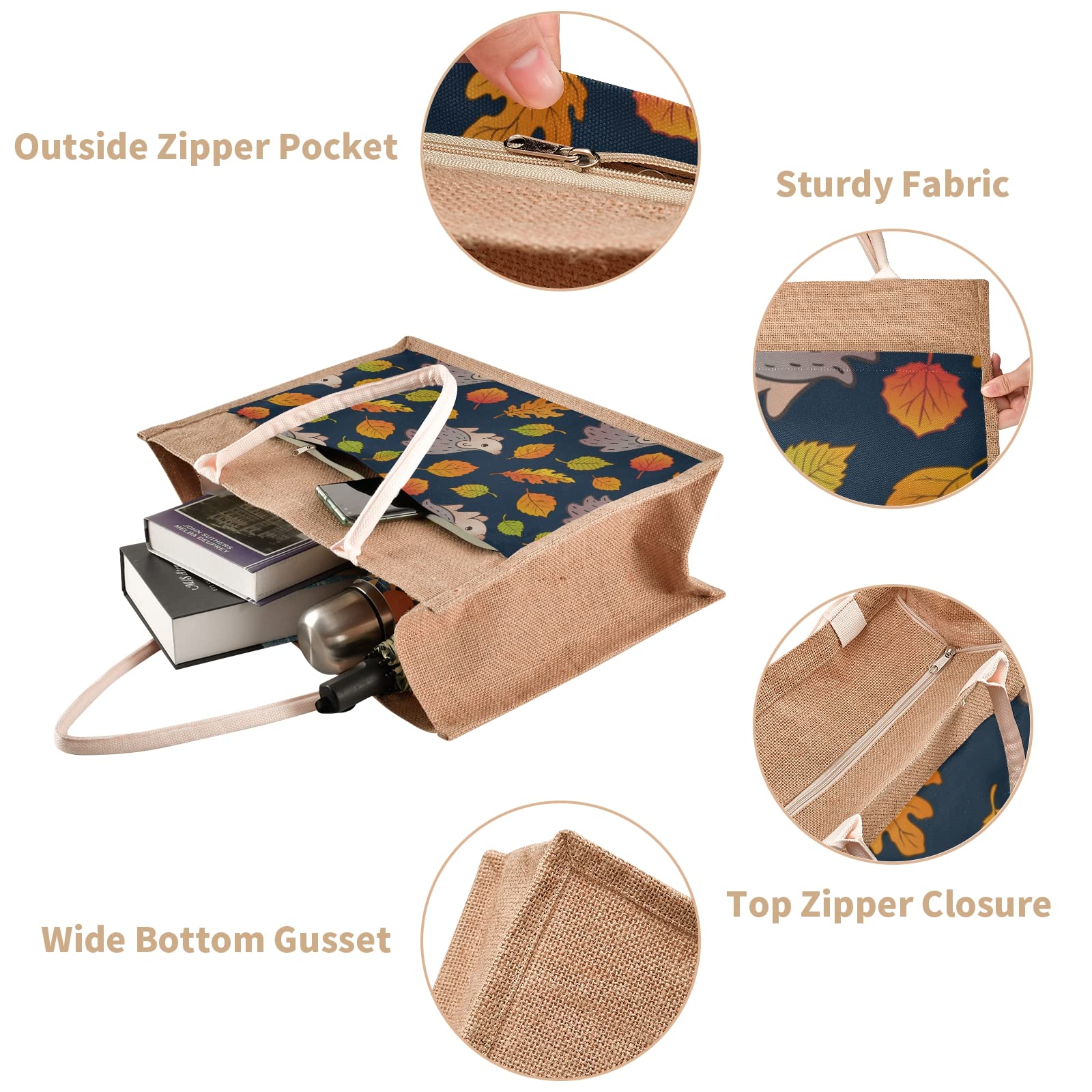 Stylish Sinestour Autumn Fall Leaves Hedgehog Jute Tote Bag - Eco-Friendly Burlap Handbag with Handle for Beach, Shopping & Groceries - Perfect Gift for Nature Lovers