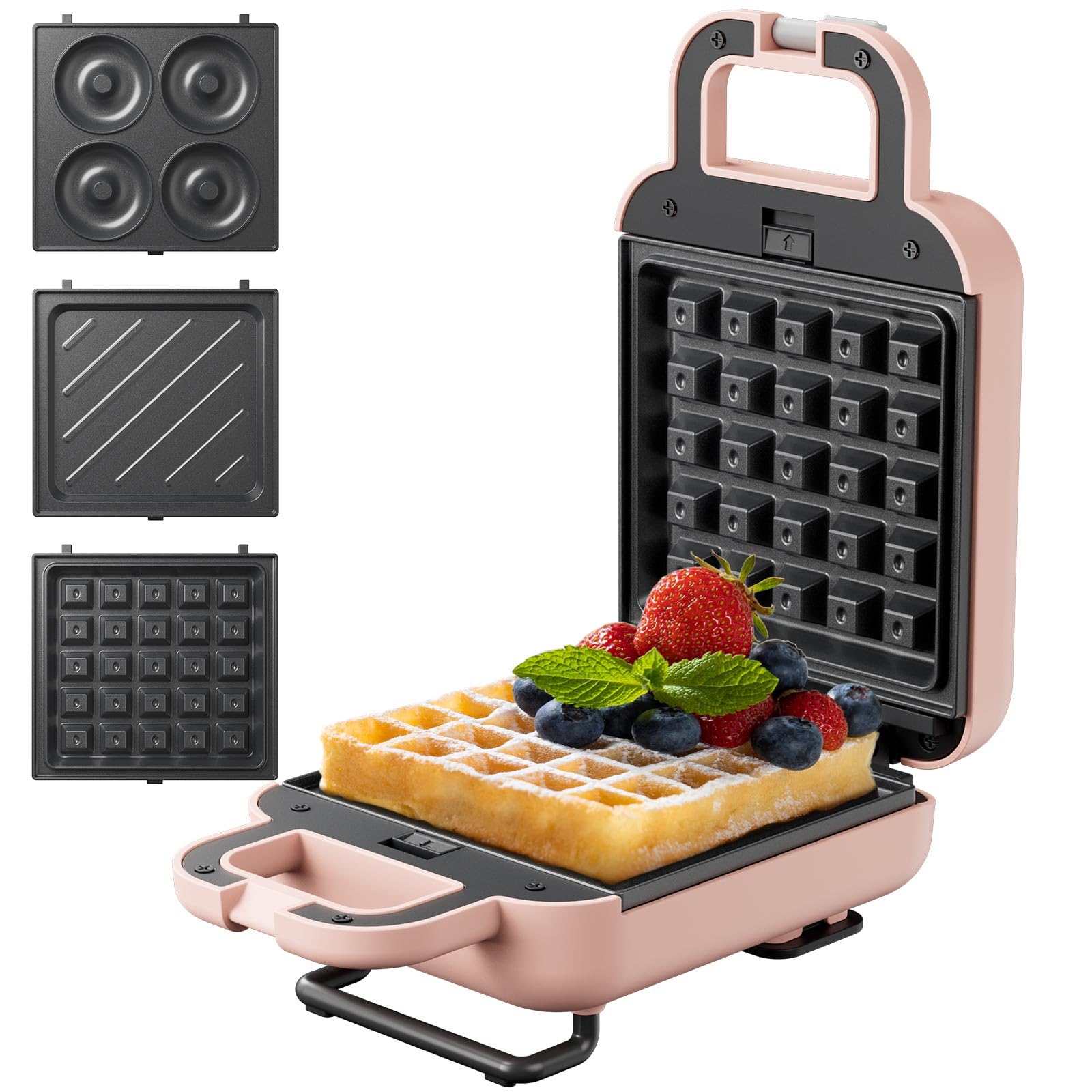 LIVEN - Mini Waffle Maker with 3 Interchangeable Non-Stick Plates (Electric) for Belgian Waffles, Chaffles, Donuts & Hash Browns | Perfect Breakfast Machine for Kids & Home Use | Compact & Easy to Clean (Pink) | Ideal for Quick Breakfast, Snacks & Family Gatherings