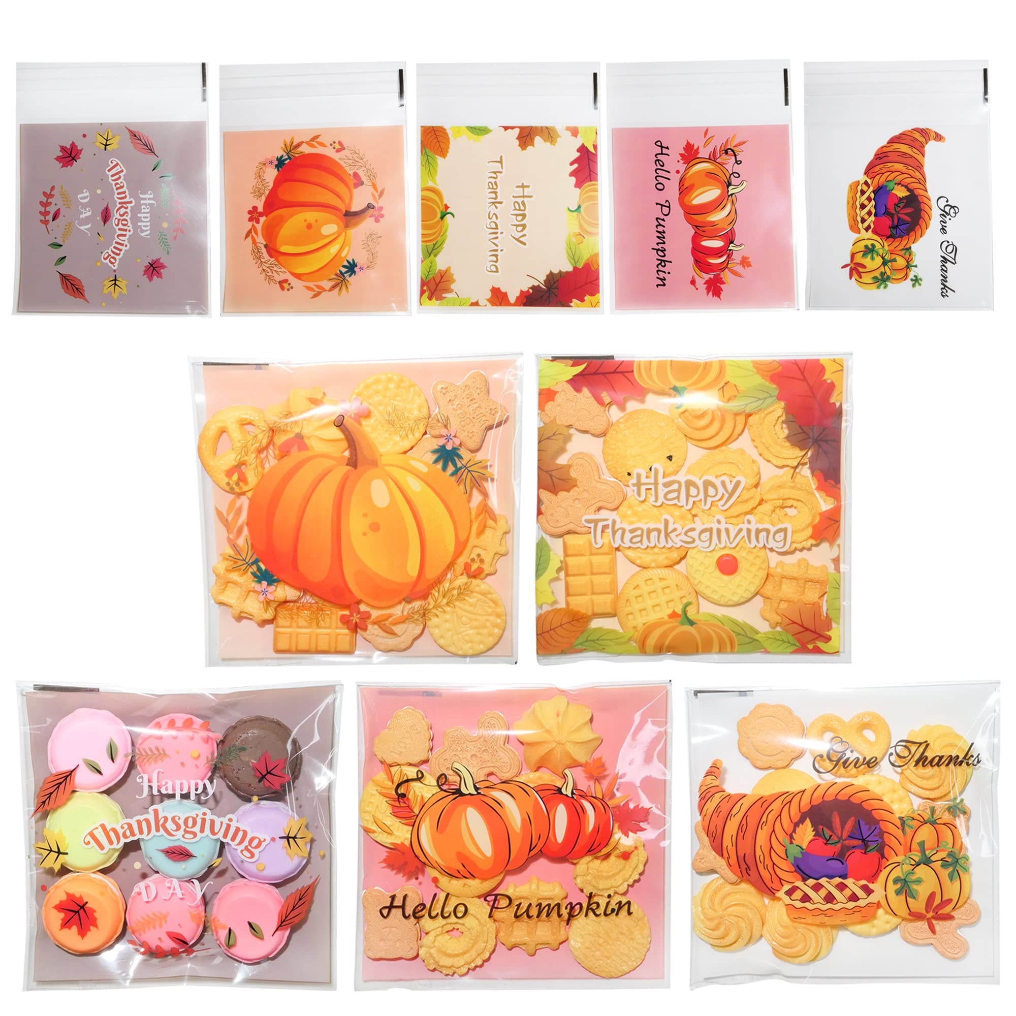 240 Pcs Thanksgiving Cookie Treat Bags - Small Self-Adhesive Cellophane Goody Bags with Pumpkin Design for Autumn & Thanksgiving Party Favors, Candy Packaging, Classroom Treats & Holiday Gift Giving