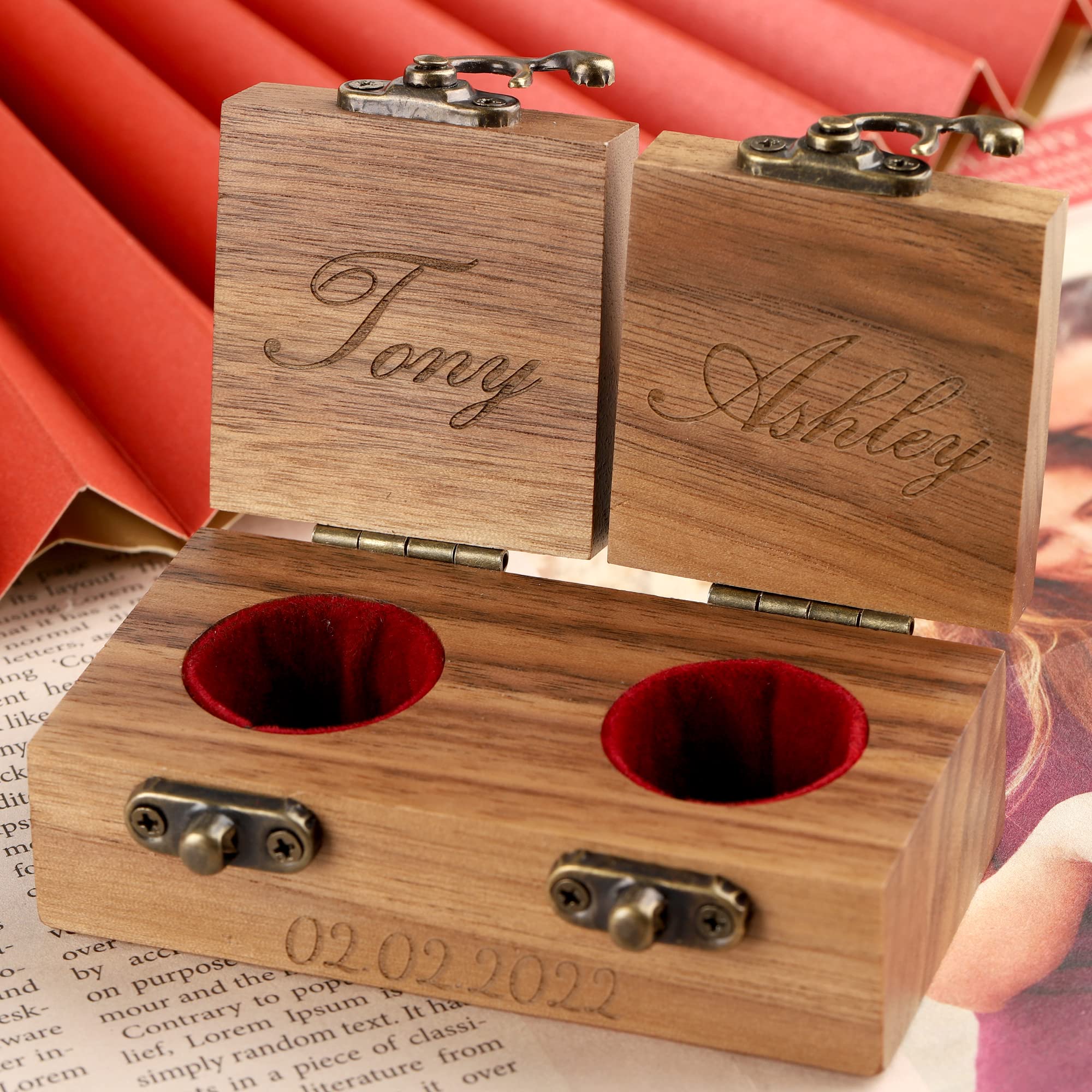 Personalized Wooden Wedding Ring Box - Custom Engraved Rustic Jewelry Holder for Engagement & Proposal - Portable Ring Bearer Box for Wedding Ceremony, Anniversary & Romantic Gifts