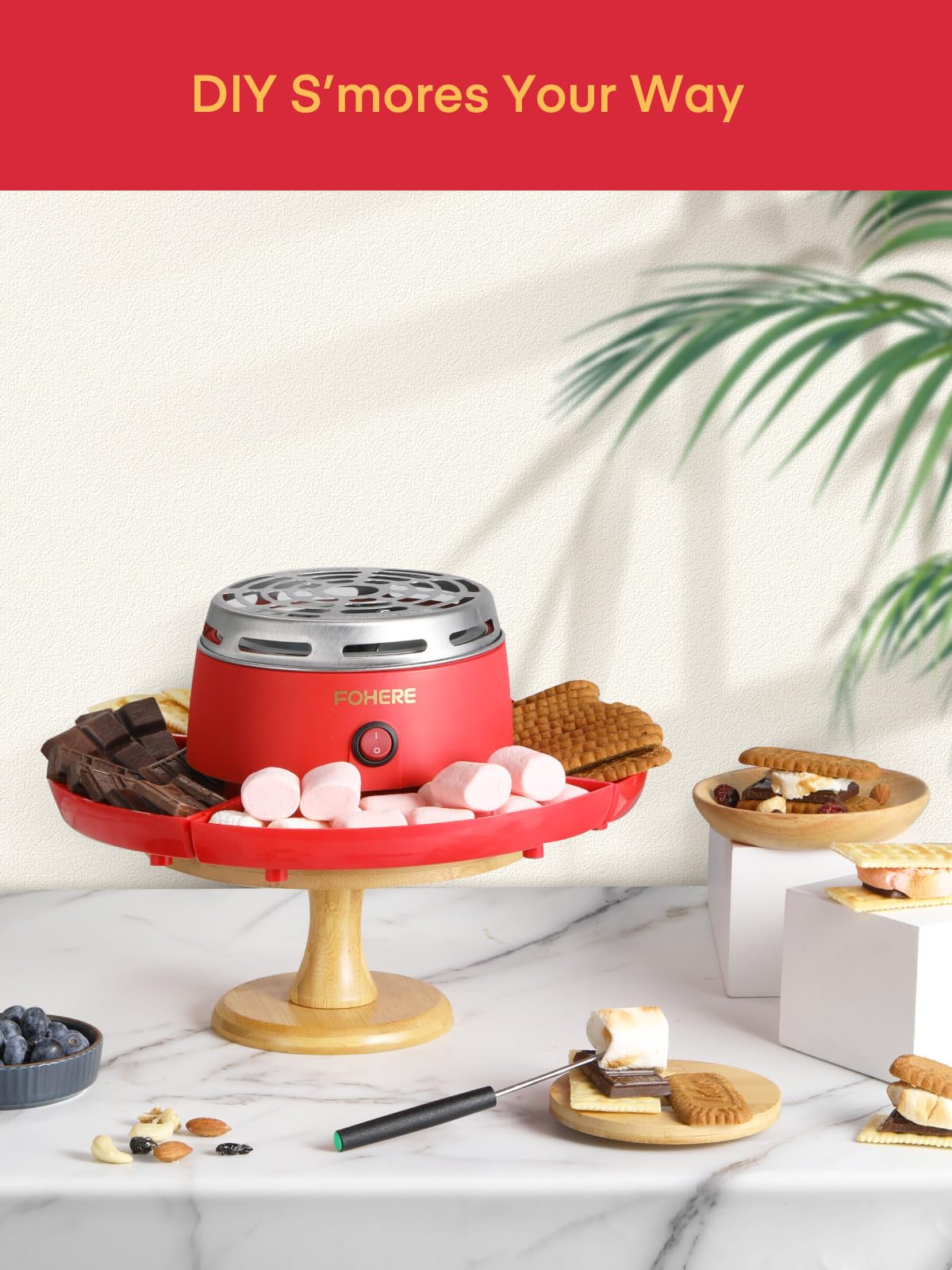 FOHERE Electric Smores Maker Indoor Flameless Marshmallow Roaster with 4 Detachable Trays & 4 Roasting Forks - Perfect for Movie Nights, Camping at Home, Housewarming Gifts & Family Gatherings (Red)