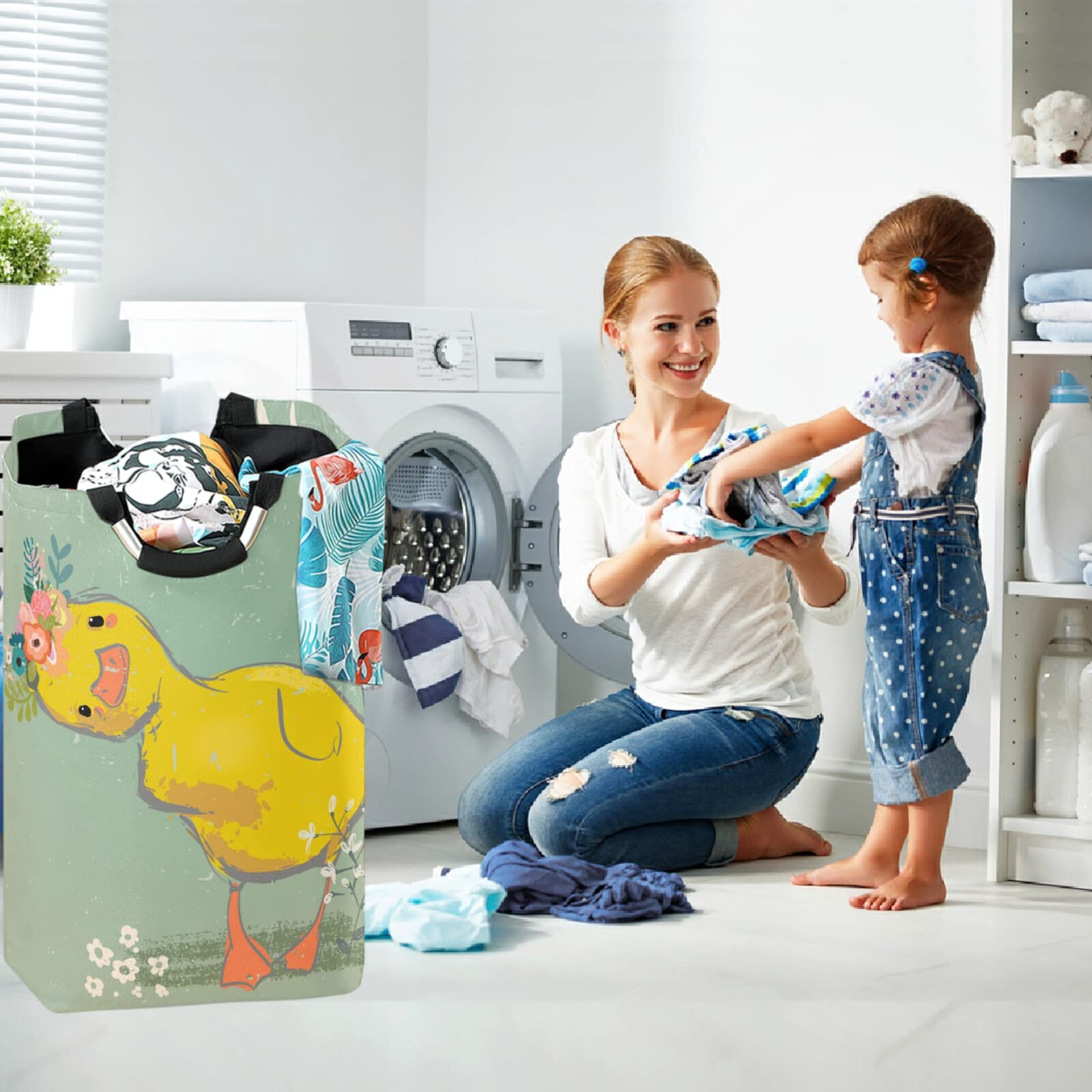 Visesunny Large Laundry Hamper Basket - Water-Resistant Oxford Cloth Storage Organizer with Cute Duck & Wreath Design for Bedroom, Bathroom, Dorm, Kids Room - Perfect for Clothes, Toys & Home Organization