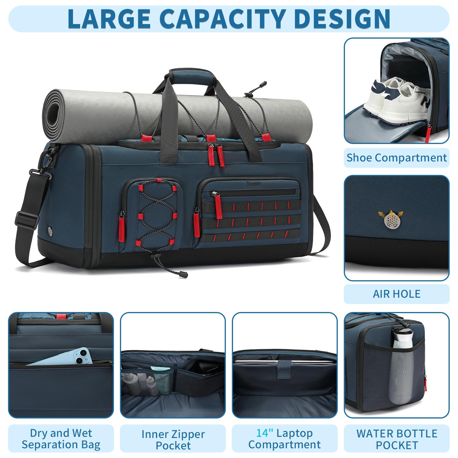 Bosstin 45L Gym Bag for Men & Women - Large Duffle Sports Bag with Shoe Compartment | Travel Weekender Overnight Backpack for Workouts, Sports & Travel (Blue)
