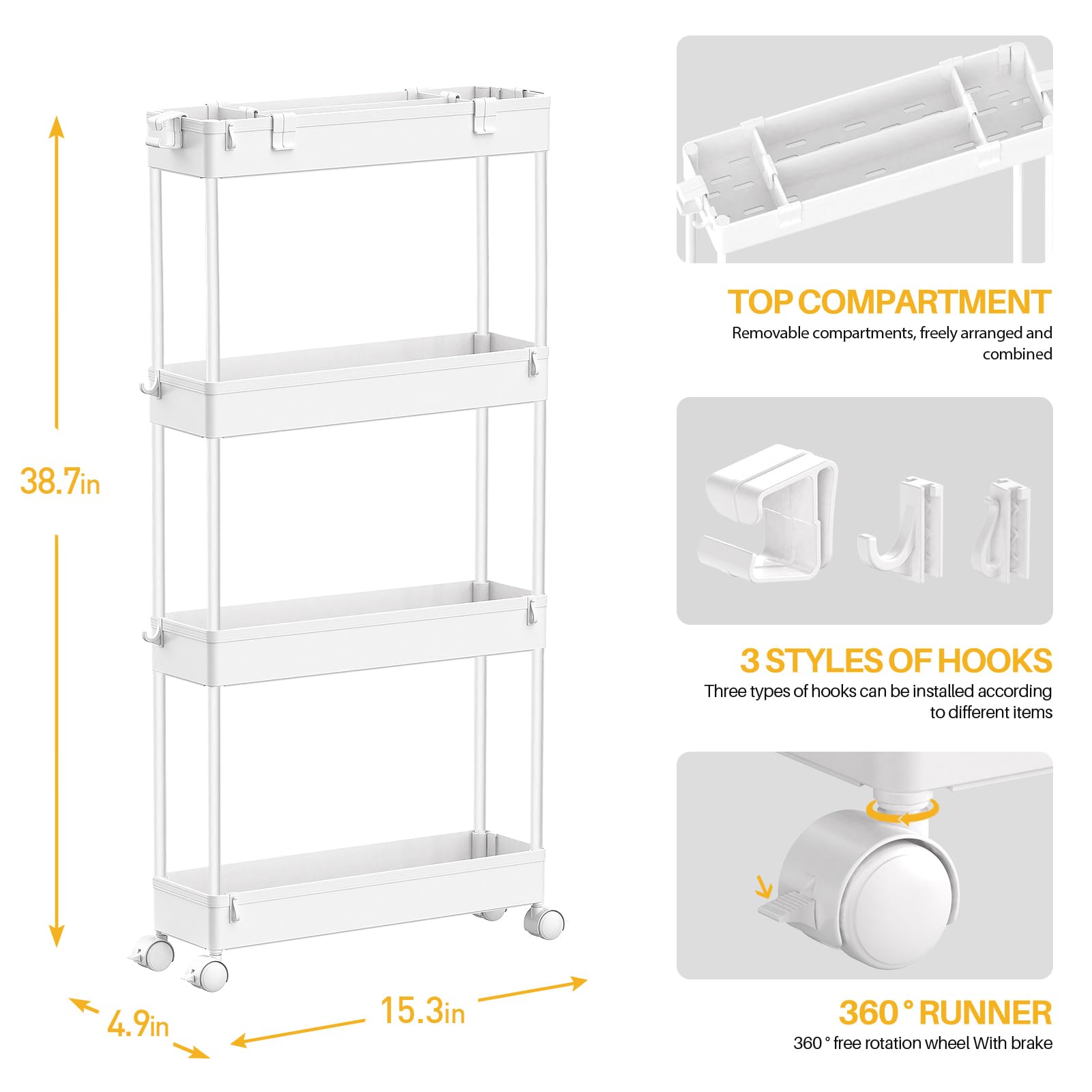 SPACELEAD 4-Tier Slim Rolling Storage Cart - Bathroom, Kitchen & Office Organizer with Slide-Out Shelves - Mobile Utility Cart for Small Spaces, Laundry Room & Narrow Areas - White - Perfect for Bathroom Essentials, Kitchen Supplies & Home Organization
