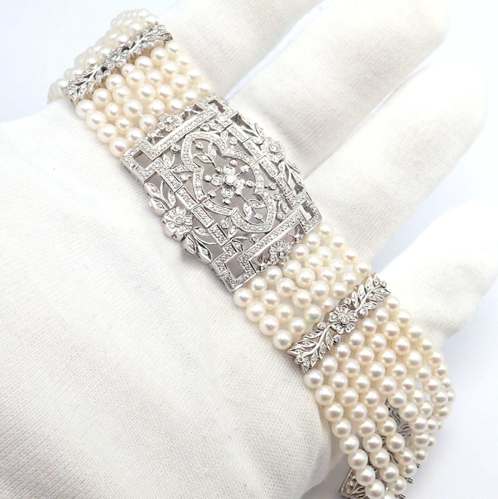 Vintage 18k White Gold Diamond & Pearl Bracelet - 7 Rows 4.5mm Pearls, Elegant Estate Jewelry for Women - Perfect for Weddings, Anniversaries & Special Occasions