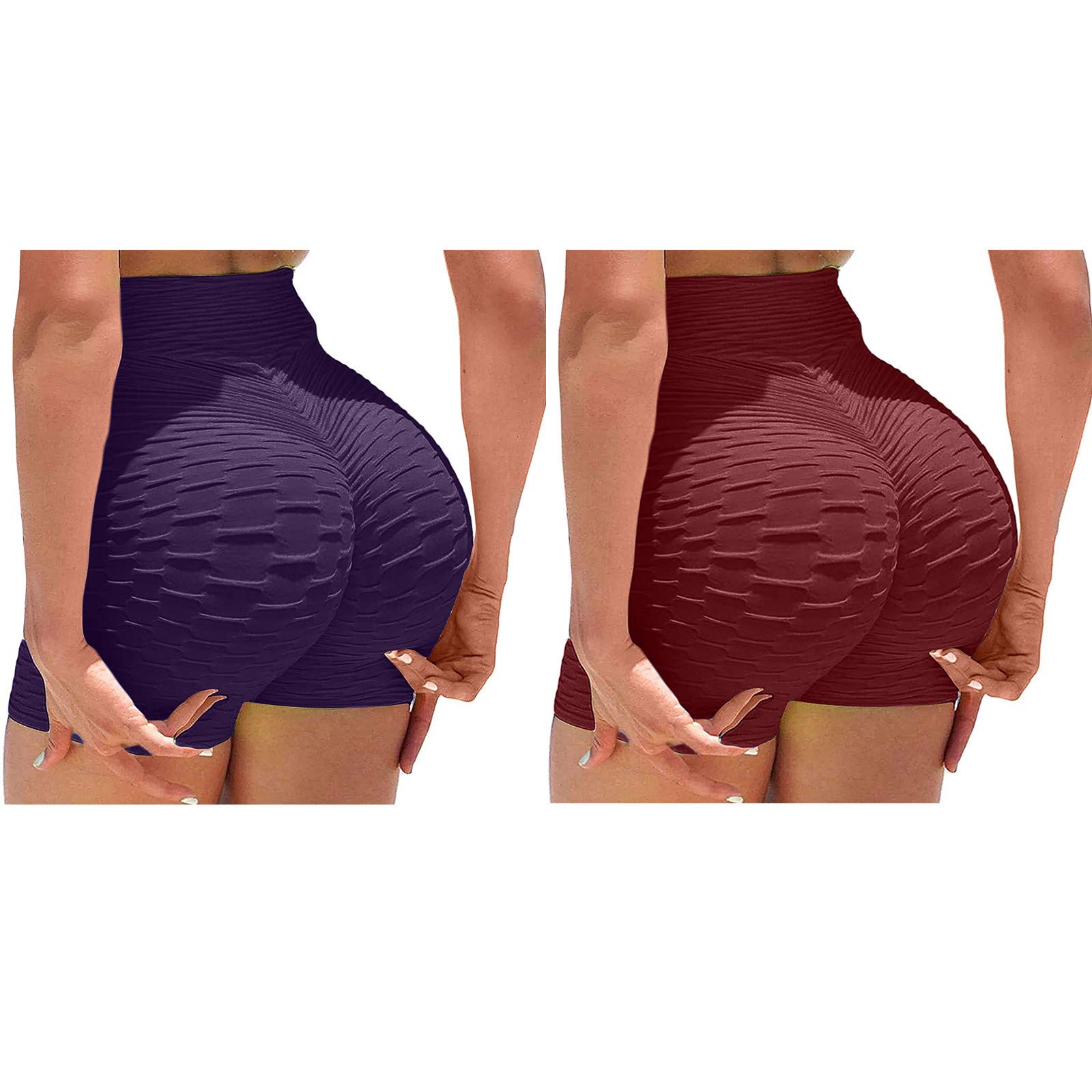 2 Pack High Waist Butt Lift Shorts for Women - Booty Lifting Gym Workout Shorts with Tummy Control - Textured Biker Shorts for Yoga, Running & Casual Wear