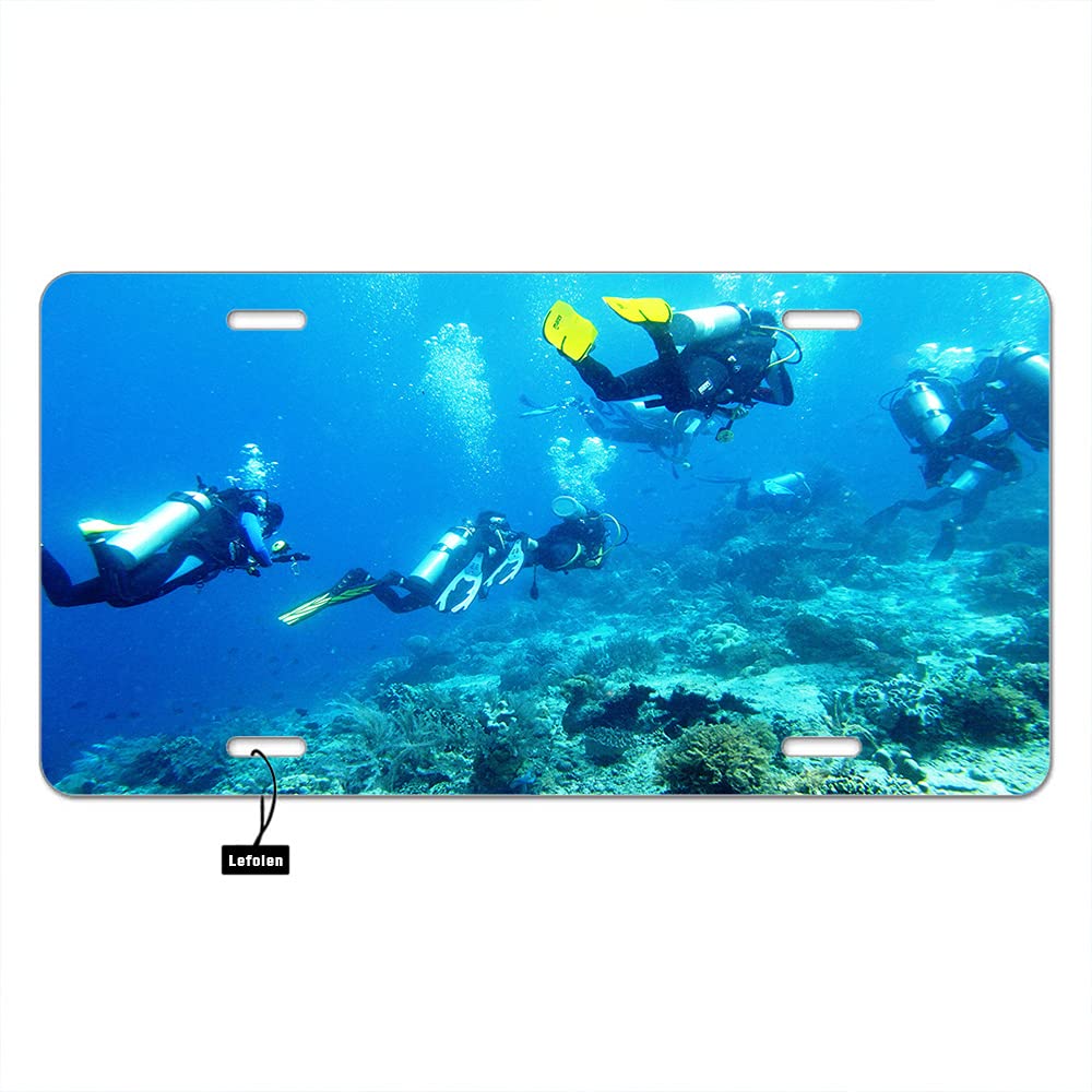 Scuba Diving License Plate Cover 6x12 Inch - Underwater Ocean Theme Metal Tag for Car Front, Marine Sports Decoration with Fish & Seaweed Design - Perfect for Divers, Beach Lovers & Ocean Enthusiasts