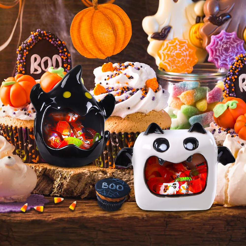 2-Pack Halloween Ghost Bat Ceramic Candy Bowls - Spooky Candy Dish & Candle Holder for Halloween Party Decor, Tiered Tray Ornament, Home Tableware Decorations - Perfect for Trick-or-Treat, Haunted House Parties & Fall Home Decor