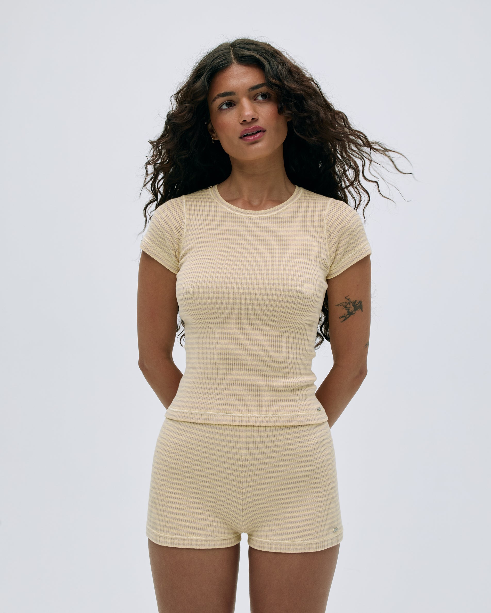 Women's Rib Knit Stripe Short Sleeve T-Shirt - Butter Yellow | Casual Summer Top for Outfits, Beach & Everyday Wear