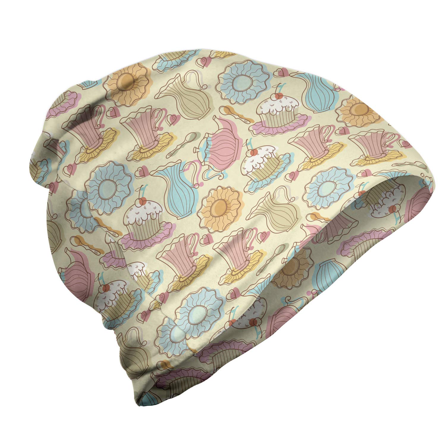 Ambesonne Unisex Beanie - Retro Cupcakes & Mugs Design - Warm Winter Hat for Men & Women - Perfect for Hiking, Outdoor Activities & Cold Weather Fashion