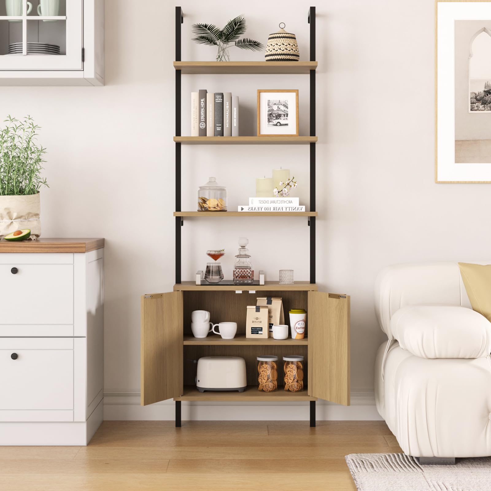 2-Tier Ladder Shelf with Storage Cabinet & Fluted Design - Wall Mount Bookcase with Metal Frame - Space Saving Display Shelves for Living Room, Bedroom, Bathroom & Home Office - Perfect for Organizing Books, Decor & Essentials