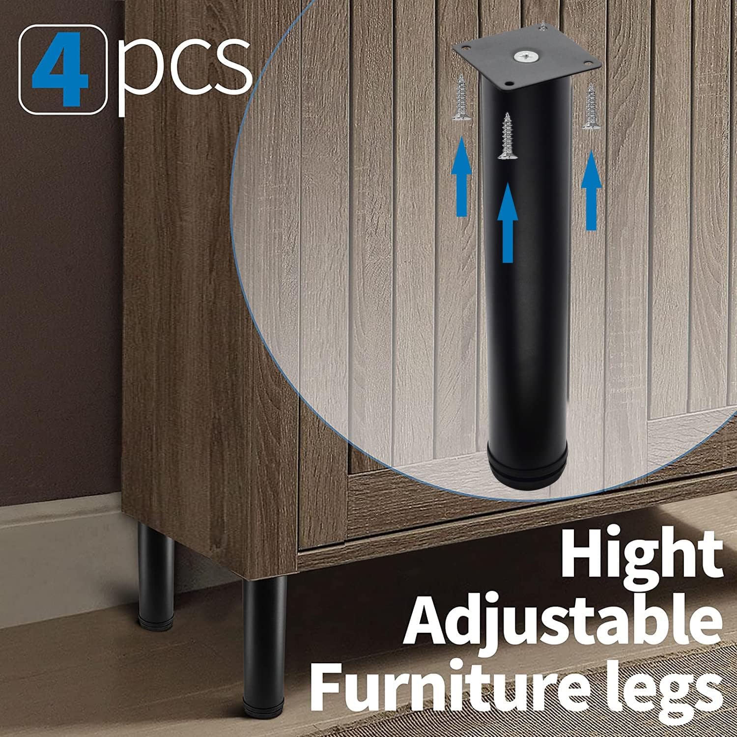 12 Inch Adjustable Stainless Steel Metal Furniture Legs - Round Black Cabinet Legs for Coffee Table, Desk, Sofa & Shelves (Set of 4) - Perfect for Modern Home & Office Furniture Upgrade