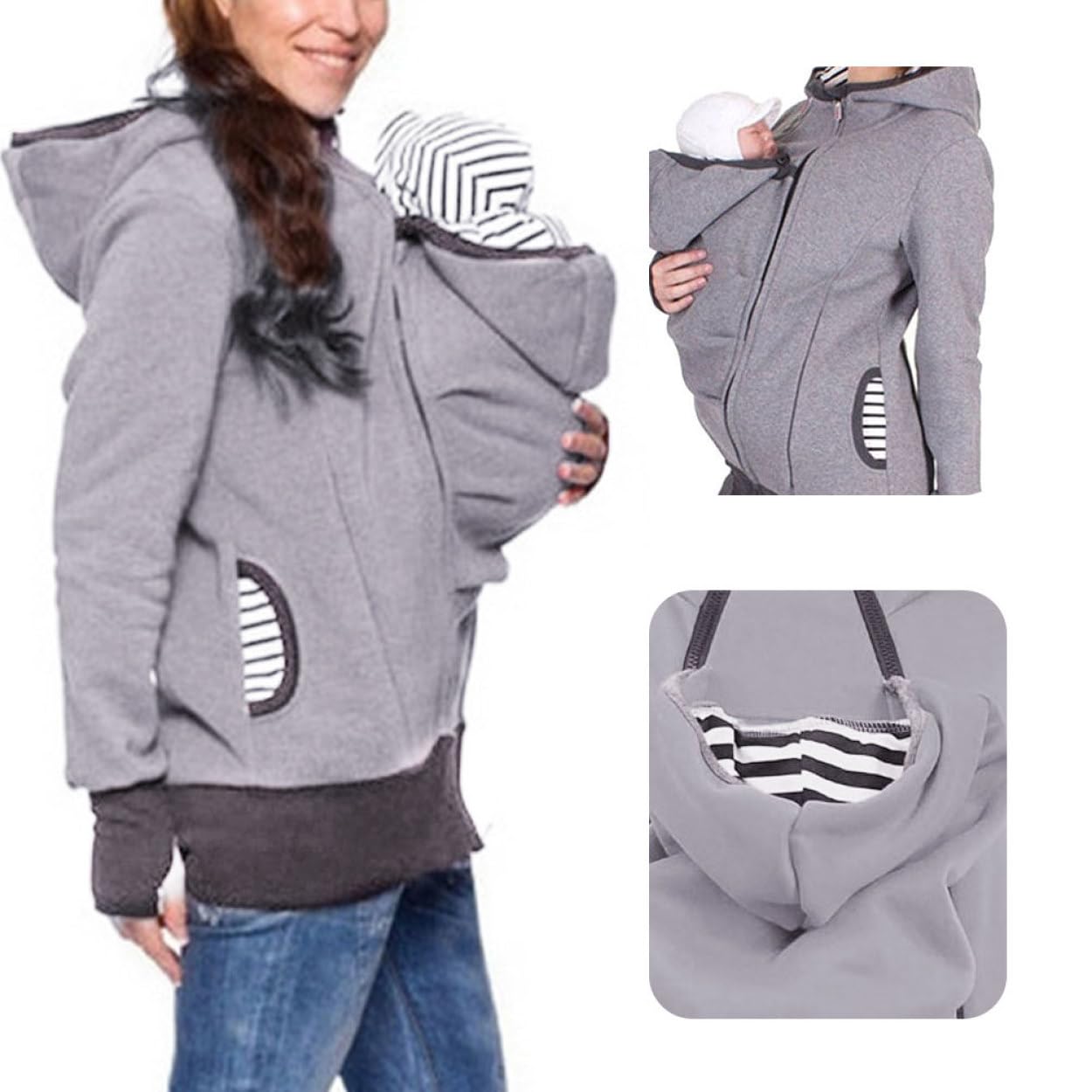 Comfortable Maternity Baby Carrier Hoodie for Women - Soft Kangaroo Jacket Coat Sweatshirt (Gray) - Perfect for Nursing, Babywearing & Outdoor Activities